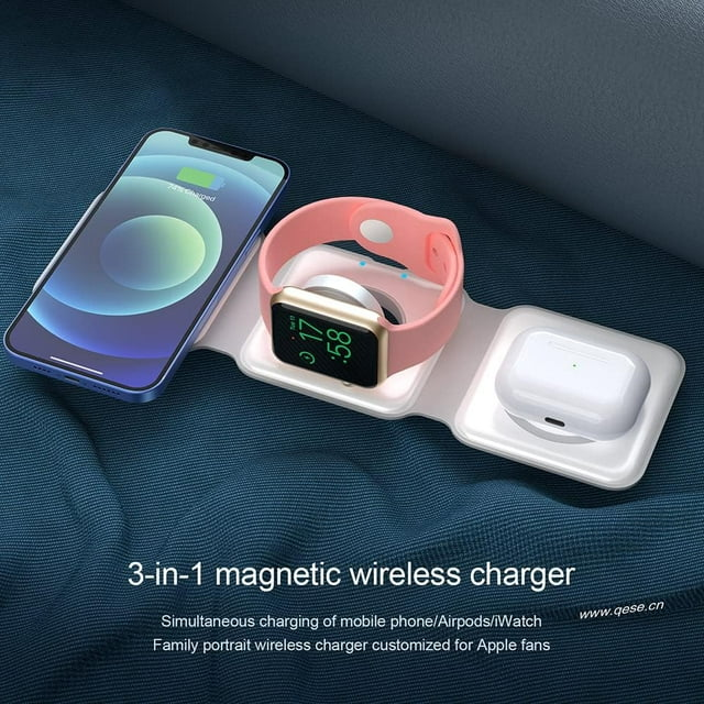 delpattern 3 in 1 Charging Station for iPhone, Magnetic Foldable Wireless Charger for iPhone 14 13 12 11/Pro/XS/XR,AirPods 3/2/Pro, Charger Dock Station for iWatch 7/6/5/4/3/2, White

✅✅ Why choose the 3-in-1 Foldable Wireless Charger?
✅ It combines the advantages of wireless charging and avoids some shortcomings in function and volume. Therefore, this magnetic folding charger can be bought and used with confidence!
✅ IDEAL SIZE, SMALL AND LIGHTWEIGHT, MULTI-DIMENSIONAL USE, EFFICIENT AND CONVENIENT, SAFETY PROTECTION. Use it to charge your iPhone, iWatch and AirPods. It will be the best choice for daily use and travel.

Kind regards:
1. Please make sure your device supports wireless charging before use.
2. Please avoid charging with case thickness more than > 2MM.
3. If the working temperature exceeds 122°F, charging will be interrupted to avoid damage to the devices.