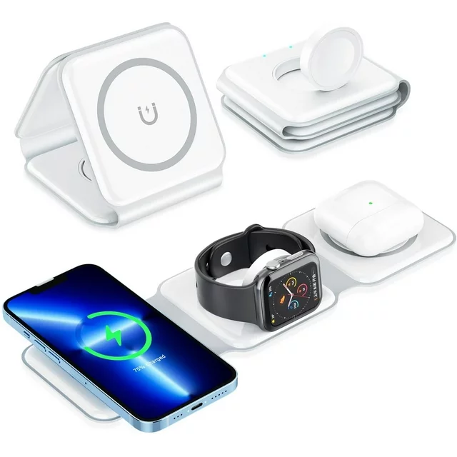 delpattern 3 in 1 Charging Station for iPhone, Magnetic Foldable Wireless Charger for iPhone 14 13 12 11/Pro/XS/XR,AirPods 3/2/Pro, Charger Dock Station for iWatch 7/6/5/4/3/2, White

✅✅ Why choose the 3-in-1 Foldable Wireless Charger?
✅ It combines the advantages of wireless charging and avoids some shortcomings in function and volume. Therefore, this magnetic folding charger can be bought and used with confidence!
✅ IDEAL SIZE, SMALL AND LIGHTWEIGHT, MULTI-DIMENSIONAL USE, EFFICIENT AND CONVENIENT, SAFETY PROTECTION. Use it to charge your iPhone, iWatch and AirPods. It will be the best choice for daily use and travel.

Kind regards:
1. Please make sure your device supports wireless charging before use.
2. Please avoid charging with case thickness more than > 2MM.
3. If the working temperature exceeds 122°F, charging will be interrupted to avoid damage to the devices.