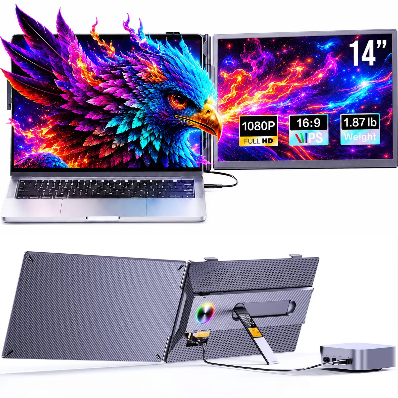 🔥 Maximize Your Productivity Anywhere
Turn your laptop into a powerful multi-screen workstation with this portable laptop screen extender. Featuring a 14-inch Full HD 1080P IPS display, it delivers vivid colors, sharp detail, and wide viewing angles—perfect for professionals, students, and creatives.

💻 Flexible Work, Your Way
With multiple display modes including Extend, Mirror, and Portrait, you can customize your setup based on your needs:

Extend Mode: multitask across screens
Mirror Mode: presentations & sharing
Portrait Mode: coding, reading, vertical workflows
⚡ Easy Setup, Wide Compatibility

This dual screen laptop extender supports:
✔ USB-C full-function connection (single cable)
✔ HDMI + USB-A connection (dual cable setup)
✔ External power support (5V/2A when needed)
No drivers. No complicated setup. Just plug and go.

🎒 Designed for Mobility
Ultra-lightweight and compact, this portable monitor for laptop fits easily into your bag, making it ideal for:
Remote work
Business travel
Coffee shop productivity
Home office upgrades

🧠 Smart Design & Stability
Adjustable kickstand for stable support
Expandable clamps for secure mounting
Durable open-frame design for better cooling
Built-in ambient light modes for a modern look