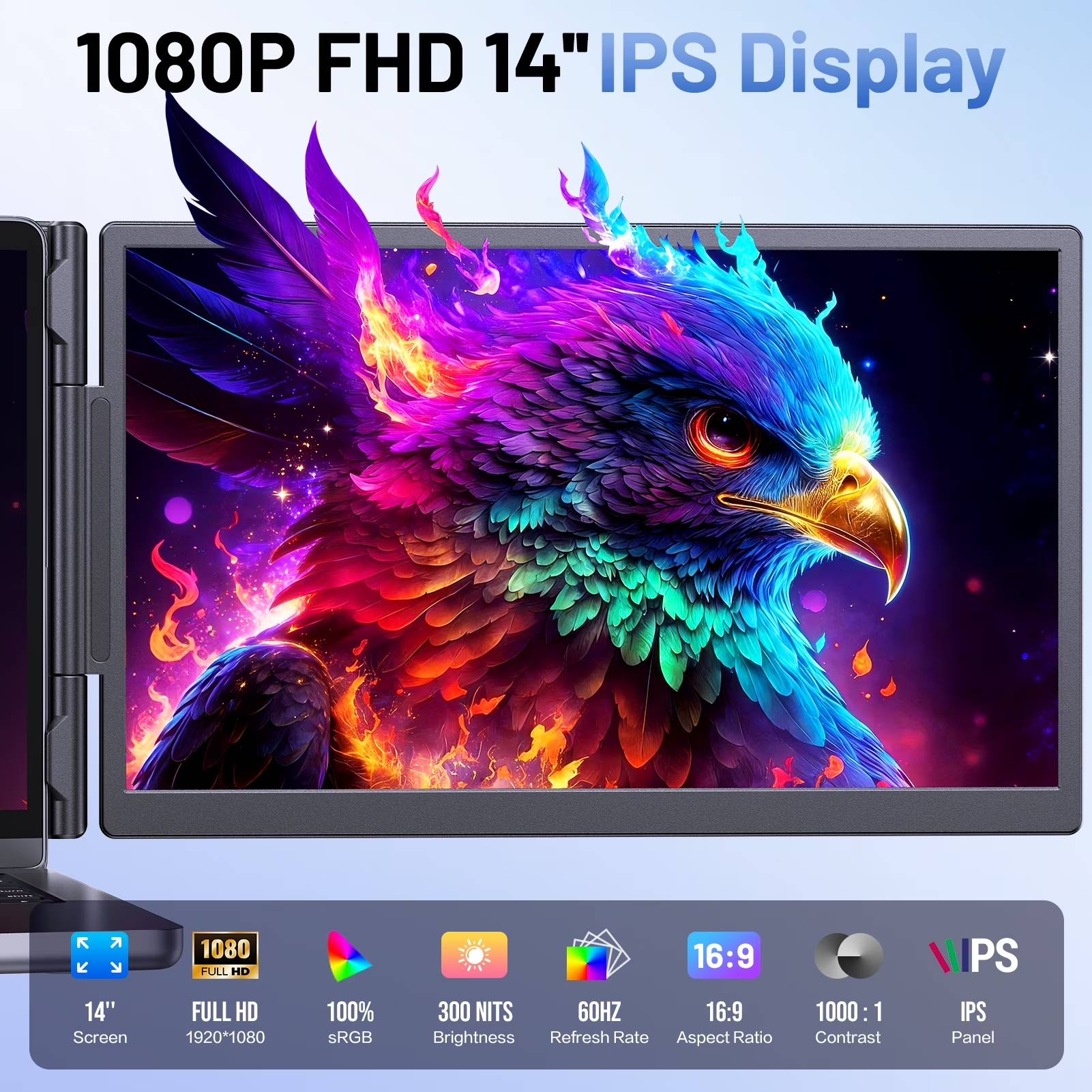 🔥 Maximize Your Productivity Anywhere
Turn your laptop into a powerful multi-screen workstation with this portable laptop screen extender. Featuring a 14-inch Full HD 1080P IPS display, it delivers vivid colors, sharp detail, and wide viewing angles—perfect for professionals, students, and creatives.

💻 Flexible Work, Your Way
With multiple display modes including Extend, Mirror, and Portrait, you can customize your setup based on your needs:

Extend Mode: multitask across screens
Mirror Mode: presentations & sharing
Portrait Mode: coding, reading, vertical workflows
⚡ Easy Setup, Wide Compatibility

This dual screen laptop extender supports:
✔ USB-C full-function connection (single cable)
✔ HDMI + USB-A connection (dual cable setup)
✔ External power support (5V/2A when needed)
No drivers. No complicated setup. Just plug and go.

🎒 Designed for Mobility
Ultra-lightweight and compact, this portable monitor for laptop fits easily into your bag, making it ideal for:
Remote work
Business travel
Coffee shop productivity
Home office upgrades

🧠 Smart Design & Stability
Adjustable kickstand for stable support
Expandable clamps for secure mounting
Durable open-frame design for better cooling
Built-in ambient light modes for a modern look