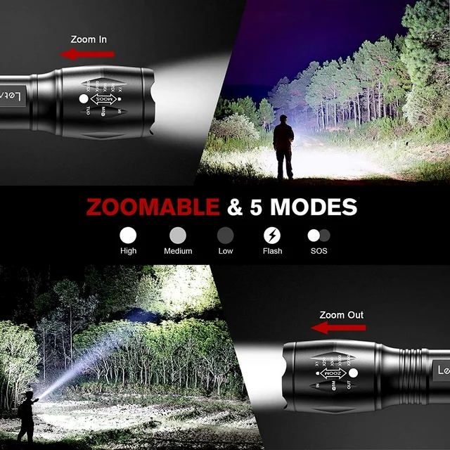 Portable LED Flashlight with High Lumens and 5 Modes for Emergency and Outdoor Use -Camping Accessories.

The compact and powerful flashlights now shines brighter, producing a blinding Max 1000 lumen beam to flood a large area with light. On high, beam distance runs 328ft. Use low for a less intense beam and longer run time (10 hours). High/low/strobe modes available. Flashlight emergency also makes a great companion for outdoor excursions such as camping and hiking. Take it with you everywhere !

Product Specification:
Name: Brand New r5/t6 Led Flashlight
5 Modes: Hight/Middle/Low/Fast Strobe/Sos
Led Bulb: Cree Xml-t6
Max Brightness: 1000 Lumens
Max Lighting Distance: >500m
Led Lifespan: >100000 Hours
Ip Grade: Ipx-6
Wattage:10 Watts
Special Features: Zoomable (Max Length : 6.22in Min Length: 5.35in)
Focal Length:Adjustable
Body Material: Aluminium Alloy
Wattage:10 Watts
Dimension: 5.39 x 1.38 x 1.02inch
Net Weight(Battery Not Included): 150g (5.29 Ounces)
Switch Type: Tail Cap Switch
Cap Switch Color: Black
Body Color: Black
Power Source: 1 x 3.7v 18650 Battery (Not Included) Or 3x AAA Battery (Not Included)

Change Mode: Push the on button either 2 or 3 times in a row,Switch the black button on the end to cycle through the modes
100% Customer Satisfaction Guarantee. More Light and Bright, No More Dark and Danger. It's Time to Invest in Your Safety!
So, Order Now and How About Ordering two sets? One for You and One Someone Special!