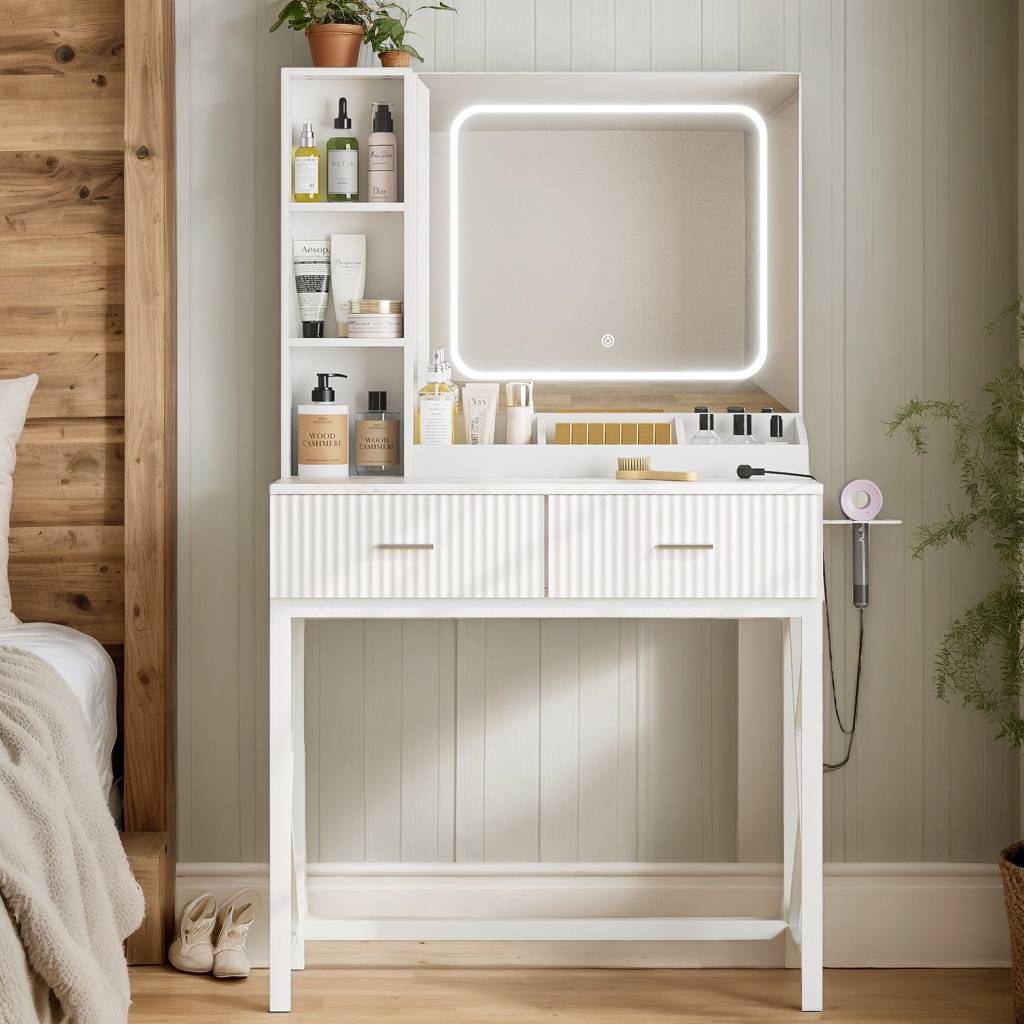 Juyafio Vanity elevates the art of self-care with elegant, functional furniture. Our vanity desks are crafted for the modern individual. Designed with innovation and style, MUZPU creates spaces that are both sanctuaries for self-expression and practical for daily routines. Embrace the fusion of beauty and order with MUZPU , where every detail enhances your personal grooming experience.<br/><br/>
The sleek design, high-end modern and simple white look and bright LED light make this vanity a bewitching highlight to your bedroom or dressing area. Also if you are the man who is struggling to find a birthday gift, anniversary gift or other special day gift, letting this makeup table a surprise for your girlfriend, mom, wife, Suitable for teenagers and adults，it will be smart and unique!