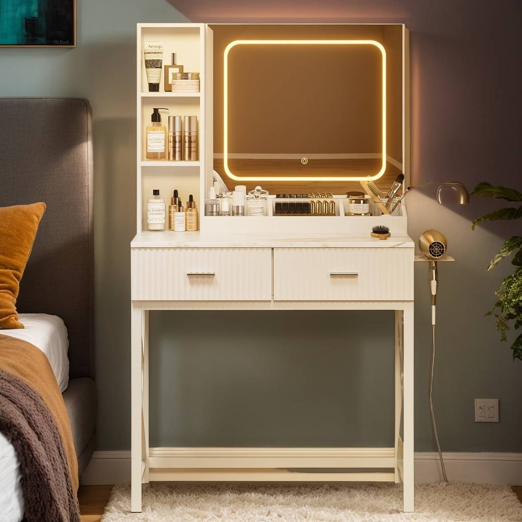 Juyafio Vanity elevates the art of self-care with elegant, functional furniture. Our vanity desks are crafted for the modern individual. Designed with innovation and style, MUZPU creates spaces that are both sanctuaries for self-expression and practical for daily routines. Embrace the fusion of beauty and order with MUZPU , where every detail enhances your personal grooming experience.<br/><br/>
The sleek design, high-end modern and simple white look and bright LED light make this vanity a bewitching highlight to your bedroom or dressing area. Also if you are the man who is struggling to find a birthday gift, anniversary gift or other special day gift, letting this makeup table a surprise for your girlfriend, mom, wife, Suitable for teenagers and adults，it will be smart and unique!