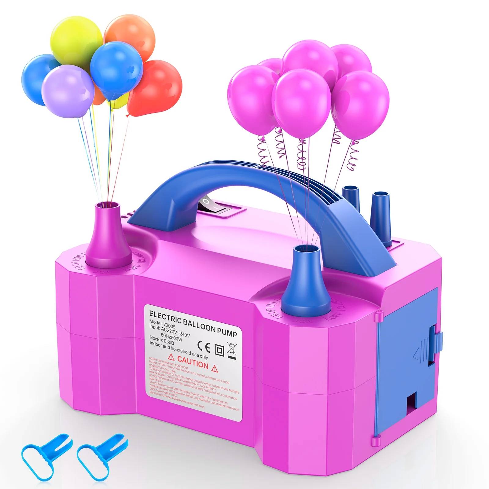 delpattern Balloon Inflator, Balloon Pump, 110V 600W Power Electric Balloon Inflator.
Portable Dual Nozzle Electric Balloon Blower Air Pump Balloon Inflator is safe and effective to use. The air pump uses an air-inflated ball, so it is safe, but the balloon cannot fly, does not use potentially dangerous hydrogen or helium. You can easily build balloon columns and balloon arches, reduce the time needed to set up balloon decoration activities, Perfect for party decorations, anniversary decorations, graduation decorations, party, wedding, birthday, baby shower, graduation, Christmas, and any special celebration activity. Take little time to decorate the party at home or anywhere you want.

Features：
?? Super Easy and Fast, Inflating Balloons with 2 Seconds.
??This air balloon pump for balloons is designed with two operation modes, automatic and semi-automatic.
?? The appearance of balloon inflators are light weigh and portable designed.
??This balloon blower is great for party, wedding, birthday, baby shower, graduation, Christmas, anniversary and any special celebration activity.

Item Dimensions: 7.8 in x 5.2 in x 6.2 in
Item Weight: 2.3 lb
Material: Plastic Input voltage: 110-120 V
Motor Power: 600 W
Pressure: 1300 Pa
Inflation Rate: 750 (L/min)
Frequency: 50/60Hz

Package Included:
1 x Electric balloon pump
1 x User Manual
2 x Tying Tools