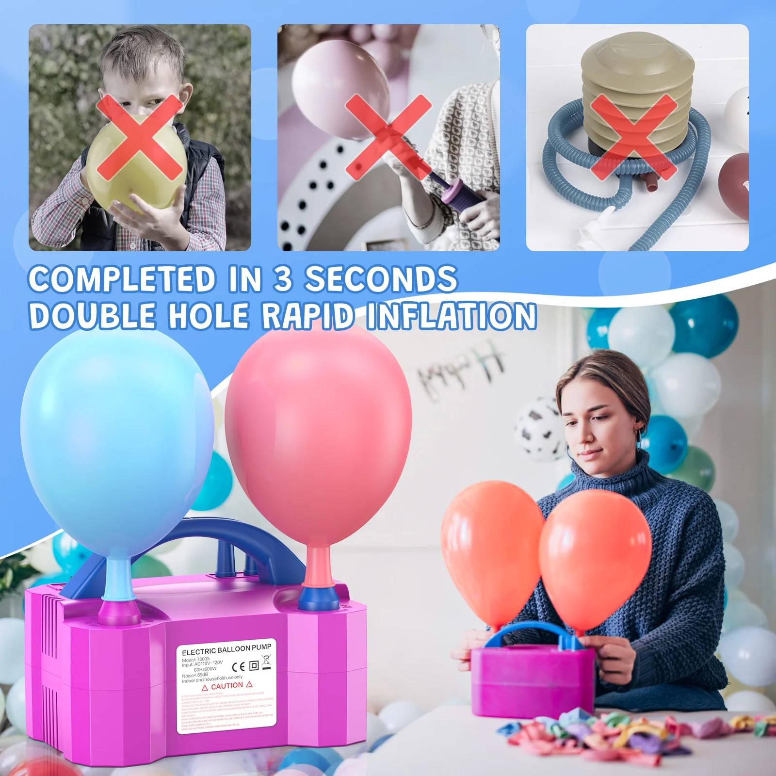 delpattern Balloon Inflator, Balloon Pump, 110V 600W Power Electric Balloon Inflator.
Portable Dual Nozzle Electric Balloon Blower Air Pump Balloon Inflator is safe and effective to use. The air pump uses an air-inflated ball, so it is safe, but the balloon cannot fly, does not use potentially dangerous hydrogen or helium. You can easily build balloon columns and balloon arches, reduce the time needed to set up balloon decoration activities, Perfect for party decorations, anniversary decorations, graduation decorations, party, wedding, birthday, baby shower, graduation, Christmas, and any special celebration activity. Take little time to decorate the party at home or anywhere you want.

Features：
?? Super Easy and Fast, Inflating Balloons with 2 Seconds.
??This air balloon pump for balloons is designed with two operation modes, automatic and semi-automatic.
?? The appearance of balloon inflators are light weigh and portable designed.
??This balloon blower is great for party, wedding, birthday, baby shower, graduation, Christmas, anniversary and any special celebration activity.

Item Dimensions: 7.8 in x 5.2 in x 6.2 in
Item Weight: 2.3 lb
Material: Plastic Input voltage: 110-120 V
Motor Power: 600 W
Pressure: 1300 Pa
Inflation Rate: 750 (L/min)
Frequency: 50/60Hz

Package Included:
1 x Electric balloon pump
1 x User Manual
2 x Tying Tools