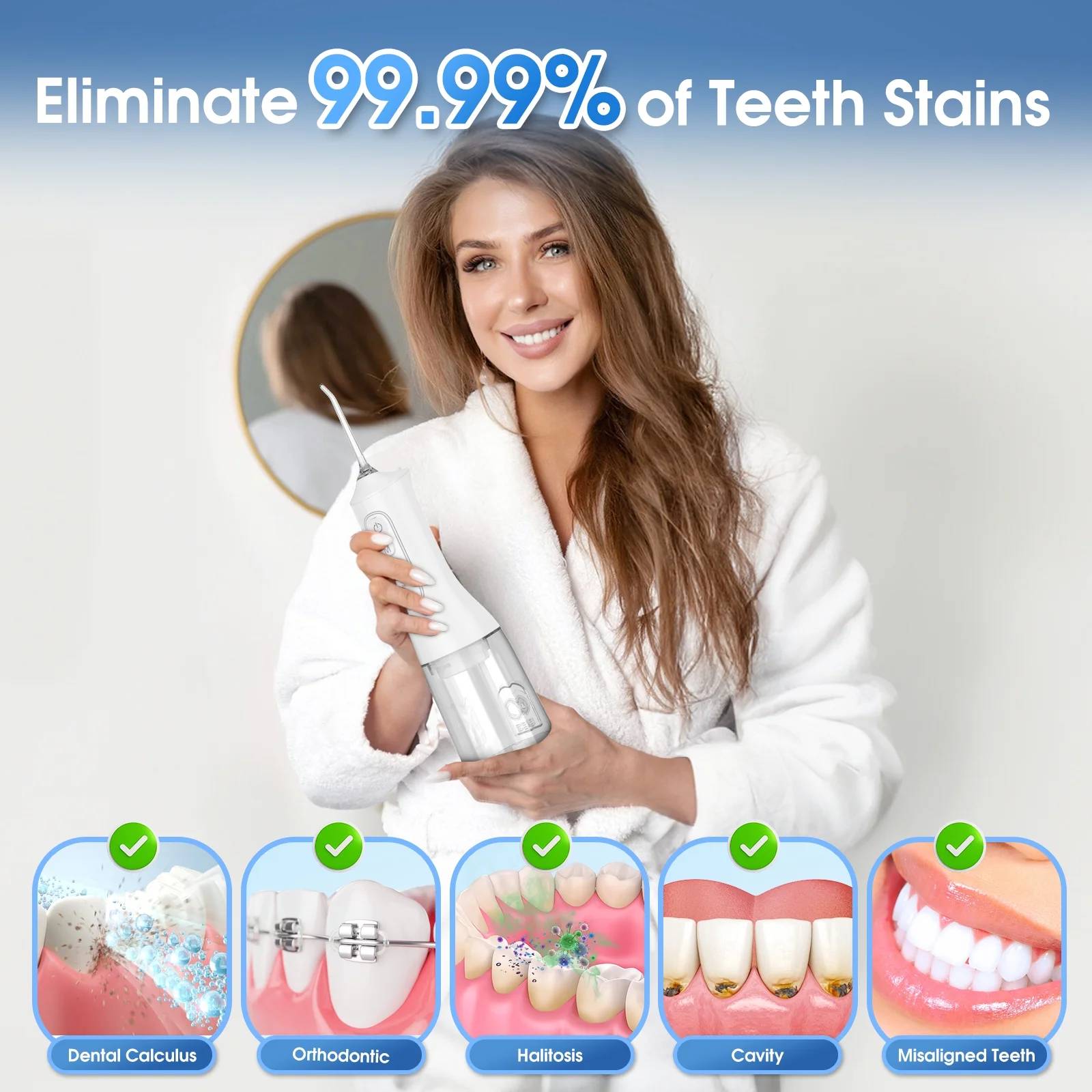 ✅【Deep Cleaning】Water flossers for teeth have high-frequency pulsed water technology, pulse frequency of 1600-1800 times per minute, 30s-60s fast comprehensive and thorough defense of oral health.
✅【Precise Cleaning】Strong water flow to disintegrate plaque in depth, precision nozzle for accurate and efficient cleaning, portable water flosser guarantee good oral health.
✅【Efficient and Convenient Design】Four water pressure modes of the cordless water flosser can be freely switched; 6 multifunction jet tips; water tank is expanded to 300ml, no need to fill up water frequently; 50 days of battery life on a single charge, no worries on the road; non-slip design, easy to hold.
✅【Gentle Care for Sensitive Gums】The water flosser for braces excels in cleaning gums, gaps and cavities, reducing oral problems such as tooth buildup, bleeding gums and bad breath. It is also safe to use for people with sensitive gums and orthodontics (such as braces) to avoid flossing irritation.
✅【IPX7 Waterproof】Electric flosser features advanced IPX7 waterproof technology for easy cleaning and safe use in the shower.
✅【Applicable People】From children to the elderly, to meet the oral health needs of people of all ages, American dentists recommend sensitive teeth flosser to promote healthy gums.
✅【Attention】When cleaning in water, make sure that the charging port cover is securely covered to prevent water from entering, which could cause charging problems such as the water dental flosser not charging or charging slowly.
✅【Commitment to customers】Establishment of rapid response mechanism for user feedback, commitment to solve customer problems within 24 hours. Let you buy worry-free, with peace of mind.