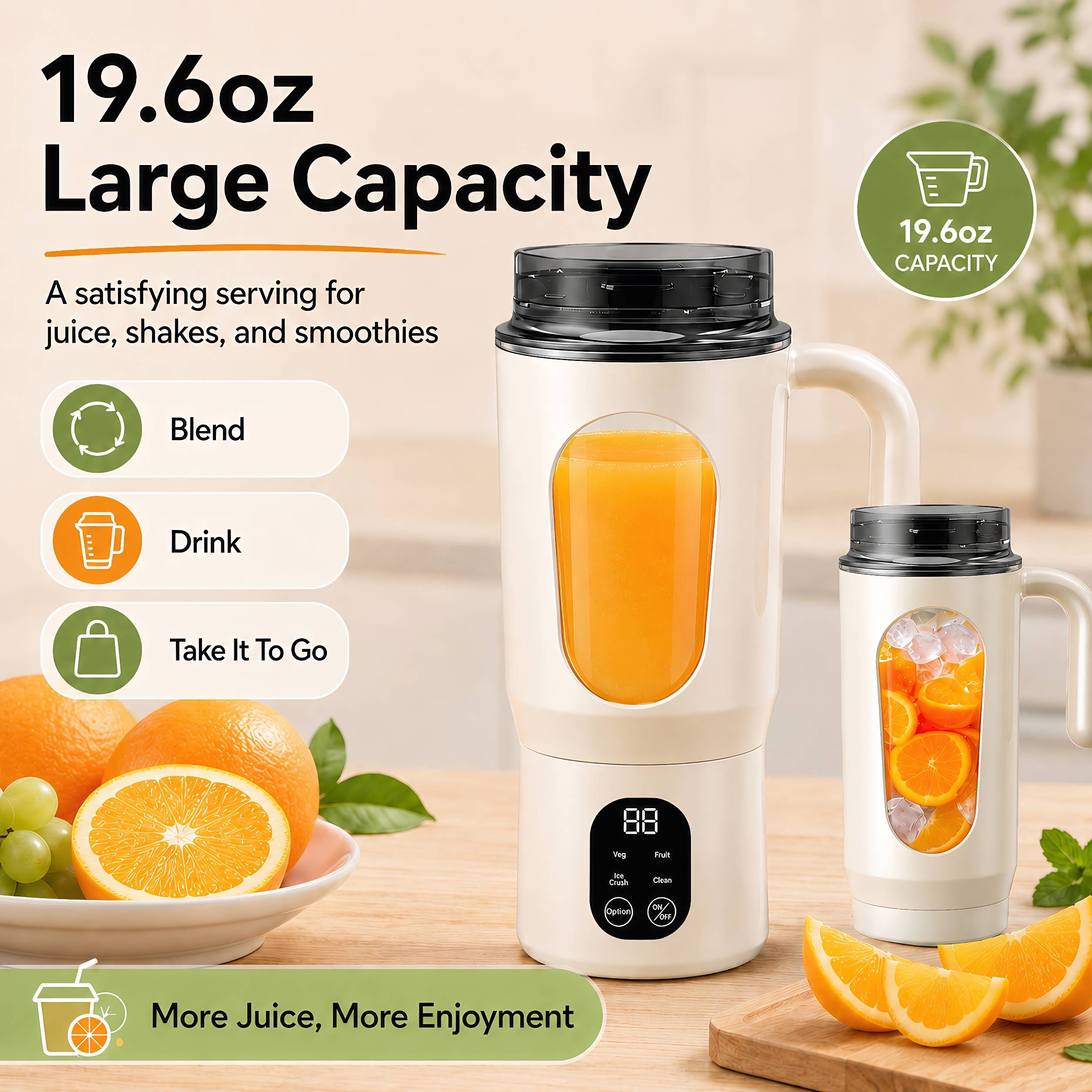 Make fresh drinks easier with the STARBIAO 19.6 oz Portable Blender. Designed for smoothies, shakes, fruit juice, and protein drinks, this personal juicer cup combines blending and drinking in one convenient design. The 12-blade 304 stainless steel system helps blend small fruit pieces, soft ingredients, and small ice cubes more evenly when used with water, milk, juice, or other liquid. Four modes let you choose from fruit, complementary food, ice crush, and cleaning, while the digital display shows battery and working status at a glance. With a hidden bottom Type-C charging port, rechargeable 1300mAh battery, wide handle, drink-through lid, anti-slip bottom pads, and easy-rinse cleaning mode, this portable blender is made for home, office, gym, travel, camping, and everyday fresh drinks on the go.