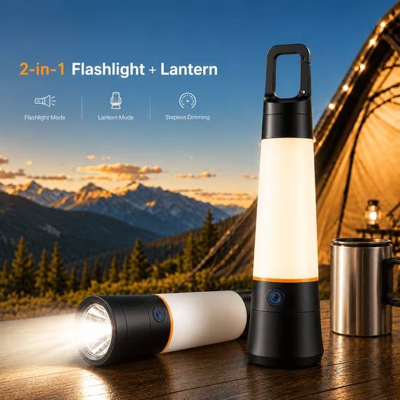 Light up your home, campsite, trail, and emergency moments with this 2-in-1 rechargeable flashlight camping lantern. Designed with both a powerful front flashlight and a soft 360° lantern light, it is a practical lighting solution for camping, hiking, dog walking, backyard use, car repair, power outages, reading, and everyday home backup.

The flashlight mode delivers a focused beam with an estimated 800–2000 ft beam distance, helping you see farther during night walks, outdoor trails, garage tasks, roadside emergencies, and low-light work. It includes 5 lighting levels: high, medium, low, strobe, and SOS.

The lantern mode provides soft surrounding light for tents, bedrooms, tables, garages, and emergency kits. Choose from 3 light colors: amber, white, and warm light. Whether you need a gentle reading light, a cozy camping lantern, or brighter area lighting during a power outage, this lantern mode is designed for flexible everyday use.

Light Operation Guide

Power On:
Press the button once to turn on the light.

Switch Brightness / Light Levels:
After the light is on, press the button again to cycle through the available brightness levels or light modes.

Switch Between Flashlight Mode and Lantern Mode:
Double-press the button to switch between the front flashlight and the lantern light.

Stepless Dimming:
In lantern mode, press and hold the button to smoothly adjust brightness. Release the button when it reaches your preferred brightness.

Quick Power Off:
In flashlight mode：press and hold the button for about 2 seconds to quickly turn off the light in any mode.

Memory Function:
The light can remember the previous setting, making it easier to return to your last-used mode or brightness level.

With a 3000 mAh rechargeable battery, this portable LED light supports USB-C charging and fully charges in about 3 hours. Runtime is approximately 4–6 hours in flashlight mode and 6–10 hours in lantern mode, depending on the selected brightness. The compact body measures 175 × 47 mm / 6.89 × 1.85 in and weighs only 168 g / 0.37 lb, making it easy to carry in a backpack, camping bag, car, drawer, emergency kit, or travel gear.
Built with reinforced ABS material, IP45 water resistance, and 1 m / 3.3 ft drop resistance, this rechargeable flashlight lantern is a reliable choice for indoor and outdoor lighting needs.