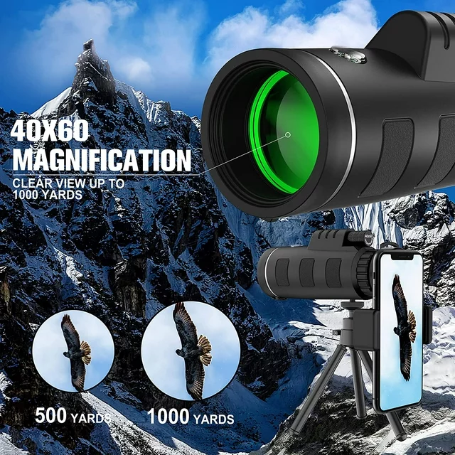 🔭【𝟒𝟎𝐗𝟔𝟎 𝐇𝐢𝐠𝐡 𝐏𝐨𝐰𝐞𝐫 𝐌𝐚𝐠𝐧𝐢𝐟𝐢𝐜𝐚𝐭𝐢𝐨𝐧】 The 40x magnification and 60mm objective lens of this monocular telescope provide a brighter and clearer image with a wide field of view. Perfect for hiking, climbing, bird watching, ball games, concerts, traveling, and wildlife observation, this telescope for adults lets you capture stunning scenery with ease.
🎒【𝐂𝐨𝐧𝐯𝐞𝐧𝐢𝐞𝐧𝐭 & 𝐂𝐨𝐦𝐩𝐚𝐜𝐭 𝐃𝐞𝐬𝐢𝐠𝐧 𝐟𝐨𝐫 𝐀𝐝𝐮𝐥𝐭𝐬】 This night vision monocular is designed for one-handed operation, allowing you to quickly and easily adjust the focus wheel and eyecup for clear views. Its compact and lightweight design makes it the ideal choice for monoculars for adults who enjoy hiking, camping, and exploring nature.
🌟【𝐒𝐮𝐩𝐞𝐫𝐢𝐨𝐫 𝐒𝐌𝐂 𝐂𝐨𝐚𝐭𝐢𝐧𝐠 & 𝐁𝐀𝐊𝟒 𝐏𝐫𝐢𝐬𝐦】 The advanced SMC coating and BAK4 prism ensure 99.8% light transmission for bright, high-resolution images. With low-light vision, this telescope for adults excels in various lighting conditions.
🌧【𝐃𝐮𝐫𝐚𝐛𝐥𝐞 𝐖𝐚𝐭𝐞𝐫𝐩𝐫𝐨𝐨𝐟 & 𝐅𝐨𝐠𝐩𝐫𝐨𝐨𝐟 𝐃𝐞𝐬𝐢𝐠𝐧】Built with a sturdy, nitrogen-filled waterproof body, this monocular telescope is designed to withstand heavy weather conditions. Whether it’s raining or humid, this monoculars for adults high powered device ensures clear and uninterrupted viewing, making it your reliable outdoor companion.
✅【𝐖𝐎𝐑𝐑𝐘-𝐅𝐑𝐄𝐄 𝐖𝐀𝐑𝐑𝐀𝐍𝐓𝐘】You would get 1*HD Monocular Telescope, 1*Phone Holder, 1*Adjustable Metal Tripod, 1*Lens Covers, 1*Hand Strap, 1*Cloth Bag, 1*Cleaning Cloth and 1*User Manual. YEGASS provides 12 months warranty. If you are not 100% satisfied with our product, please contact us, we will solve any of your problems.