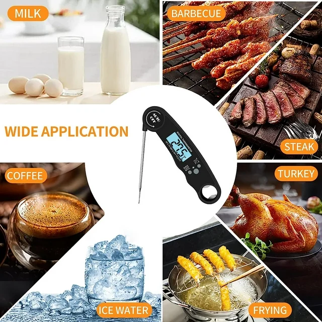 ✅ The cooking thermometer takes the temperature in a little as 2 seconds and is accurate to ±1°C(1.8℉) degrees with a wide range of -58℉~572℉（-50°C~300°C).

✅ With professional IP67 rated waterproof design, thermapen thermometer can be washed under running water without fear! Incredible waterproof performance makes it easier to clean.

✅ Easy Storage & Built-in Magnet, the wireless meat thermometer has built-in magnet and a hanging hole with bottle opener function.

✅ The LCD Digital Meat Thermometer is perfect for indoor/outdoor cooking, grilling, BBQ and more. No matter what you're cooking, this instant read meat thermometer is the best assistant for you.

Packing list:
1x Food Thermometer
1x Manual Book
1x Battary