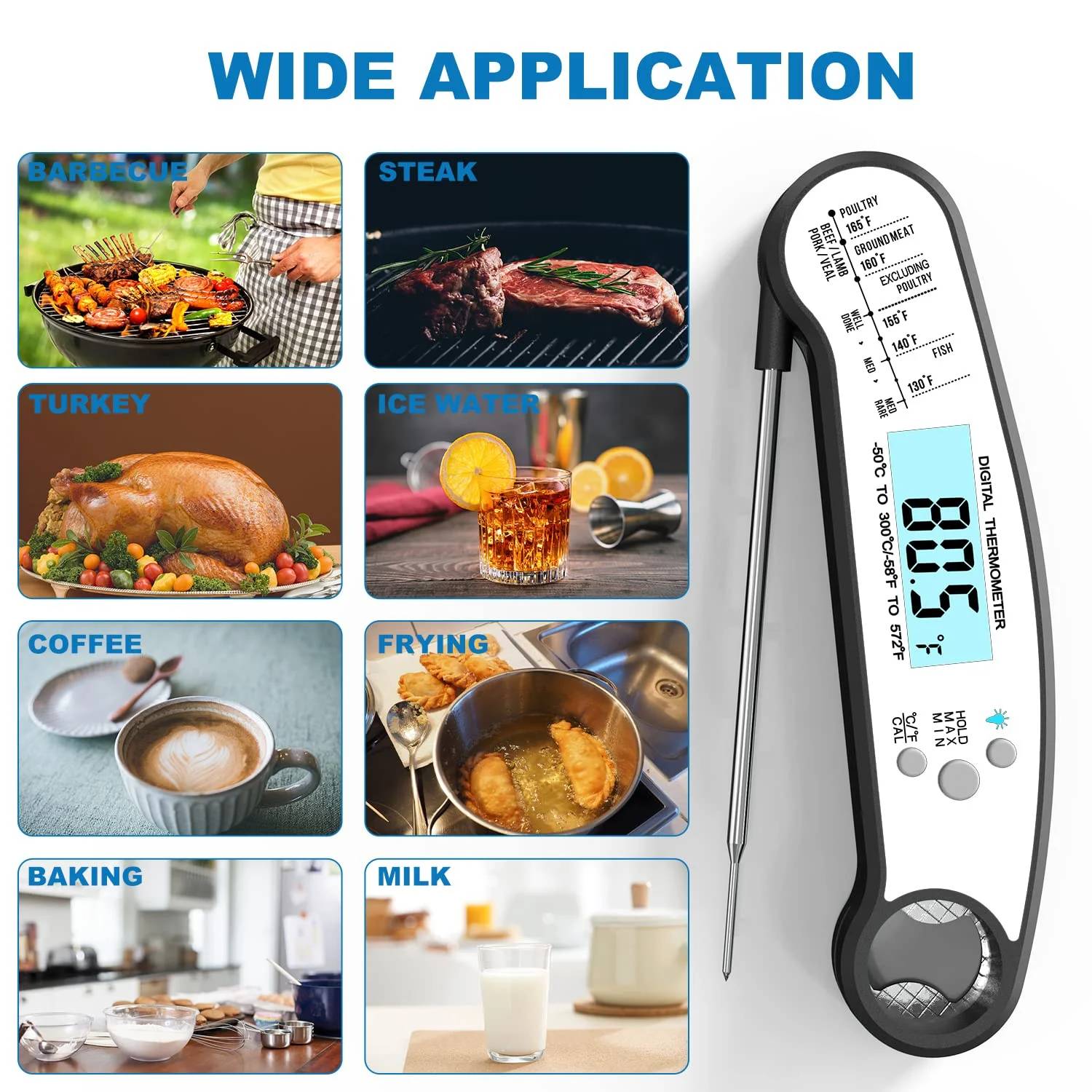 ? delpattern wireless thermometer for grill - meat thermometer digital, instant read thermometer for cooking, BBQ, Kitchen - Fast Digital Food Thermometer.

? Kitchen Thermapen Thermometer - Try our digital cooking thermometer kitchen tool with many uses including a frying thermometer baking thermometer grill thermometer digital probe liquid thermometer and more.

? Digital Instant Read Grill Thermometer- Accurate Reading & Ultra Fast, Equipped with a food grade stainless long probe, thermometer takes the temperature in a little as 2 seconds and is accurate to �1�C(1.8?) degrees with a wide range of -58?~572??-50�C~300�C), Our meat thermometer for grilling and deep fry thermometer can help perfect your cooking.

? Probe thermometer - A food thermometer instant read meat temperature probe can make a big difference so add our meat probe to your grill tools and see the power of a digital thermometer cooking aid.

? BBQ Food Thermometer - Our instant read thermometer digital BBQ accessories are great for indoor/outdoor cooking whether you need a general grilling thermometer or just a steak thermometer.