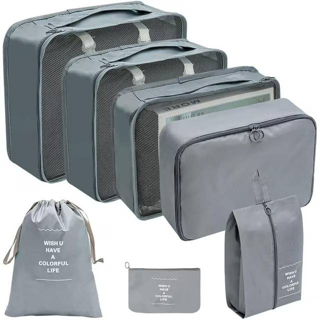 Packing Cubes for Travel, 7Pcs Travel Cubes Set Foldable Suitcase Organizer Lightweight Luggage Storage Bag.

Features:
7 Pcs Super Value Travel Packing Set: The sets include 3 travel packing cubes with a see-through mesh top for clothes, 1 private cube for bras and underwear, 1 travel shoe bag, 1 toiletry bag, 1 laundry bag for dirty clothes and 1 flat bag for small items, like socks, electronic accessories or keys.

Specification:
Material: Nylon, Linen
Colour: Grey
Closure Type: Buckle

Package Includes:
1 x Large net bag: 15.3 * 11.4 * 3.9 inch
1 x Medium net bag: 12.2 * 9.8 * 3.9 inch
1 x Small mesh bag: 11.8 * 8.26 * 3.9 inch
1 x Shoe bag: 13.7 * 10.6 * 3.9 inch
1 x Underwear Storage bag: 12.2 * 7.87 * 3.9 inch
1 x waterproof makeup bag: 13.7 * 10.6 inch
1 x Digital bag: 9.7 * 16.2 inch