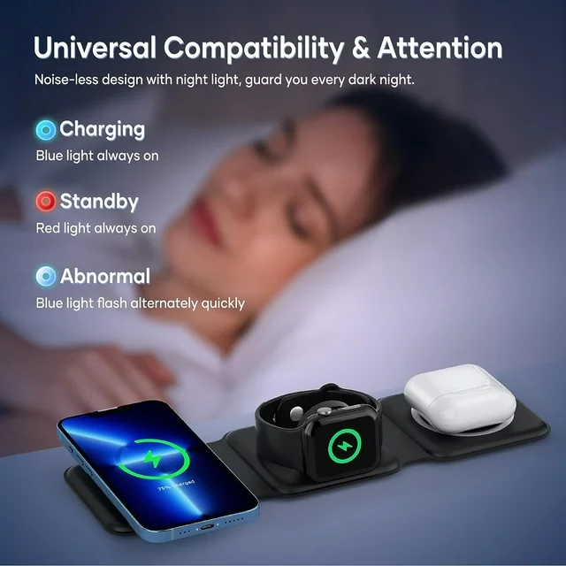 Juyafio 3 in 1 Charging Stations, Magnetic Foldable Wireless Charger,Cell Phone Charging Stations for Travel Compatible with iPhone 14 13 12 11/Pro/XS/XR,AirPods 3/2/Pro,iWatch 7/6/5/4/3/2, Black.

Why choose the 3-in-1 Foldable Wireless Charger?
1. It combines the advantages of wireless charging and avoids some shortcomings in function and volume. Therefore, this magnetic folding charger can be bought and used with confidence!
2. IDEAL SIZE, SMALL AND LIGHTWEIGHT, MULTI-DIMENSIONAL USE, EFFICIENT AND CONVENIENT, SAFETY PROTECTION. Use it to charge your iPhone, iWatch and AirPods. It will be the best choice for daily use and travel.

Kind regards:
1. Please make sure your device supports wireless charging before use.
2. Please avoid charging with case thickness more than > 2MM.
3. If the working temperature exceeds 122°F, charging will be interrupted to avoid damage to the devices.
