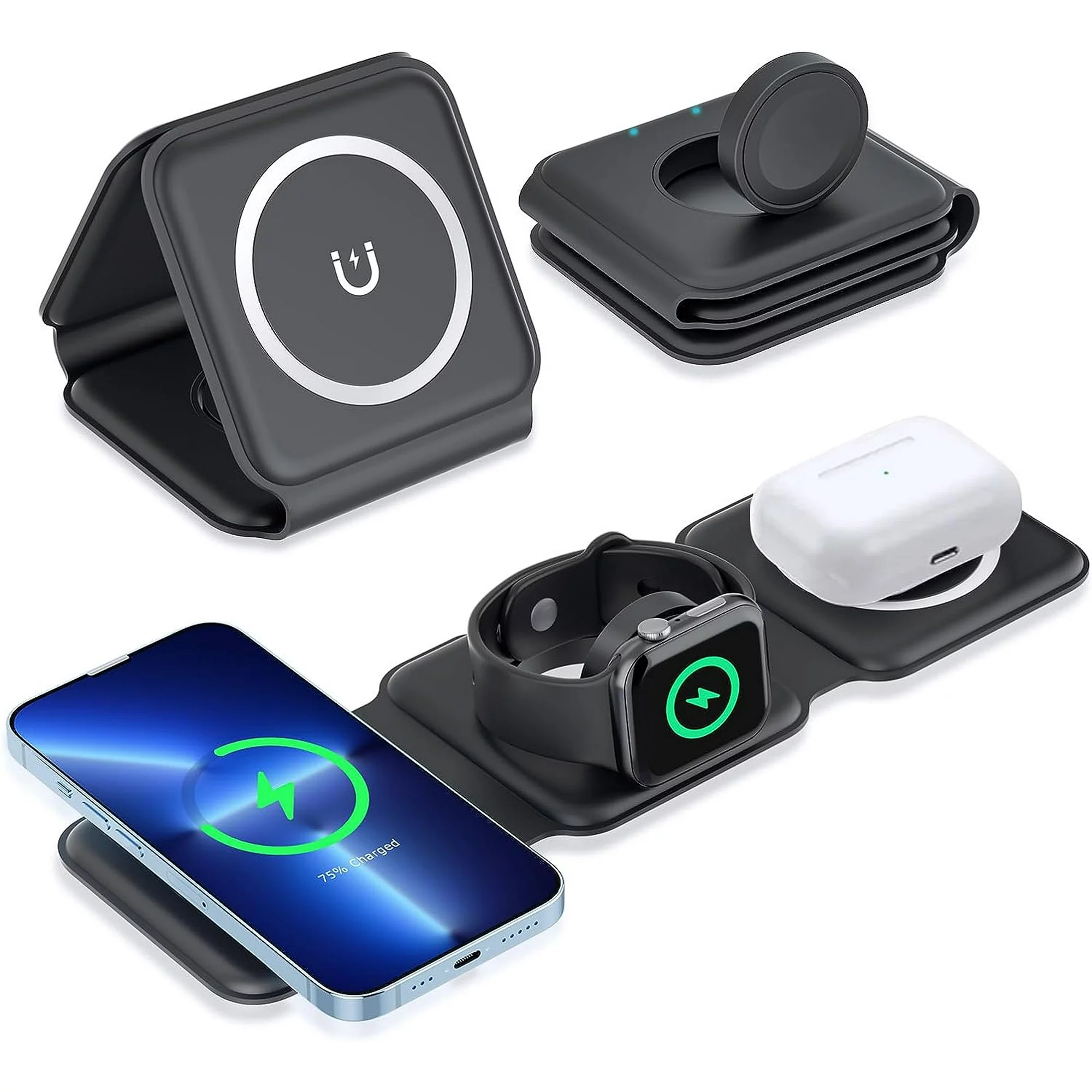 Juyafio 3 in 1 Charging Stations, Magnetic Foldable Wireless Charger,Cell Phone Charging Stations for Travel Compatible with iPhone 14 13 12 11/Pro/XS/XR,AirPods 3/2/Pro,iWatch 7/6/5/4/3/2, Black.

Why choose the 3-in-1 Foldable Wireless Charger?
1. It combines the advantages of wireless charging and avoids some shortcomings in function and volume. Therefore, this magnetic folding charger can be bought and used with confidence!
2. IDEAL SIZE, SMALL AND LIGHTWEIGHT, MULTI-DIMENSIONAL USE, EFFICIENT AND CONVENIENT, SAFETY PROTECTION. Use it to charge your iPhone, iWatch and AirPods. It will be the best choice for daily use and travel.

Kind regards:
1. Please make sure your device supports wireless charging before use.
2. Please avoid charging with case thickness more than > 2MM.
3. If the working temperature exceeds 122°F, charging will be interrupted to avoid damage to the devices.