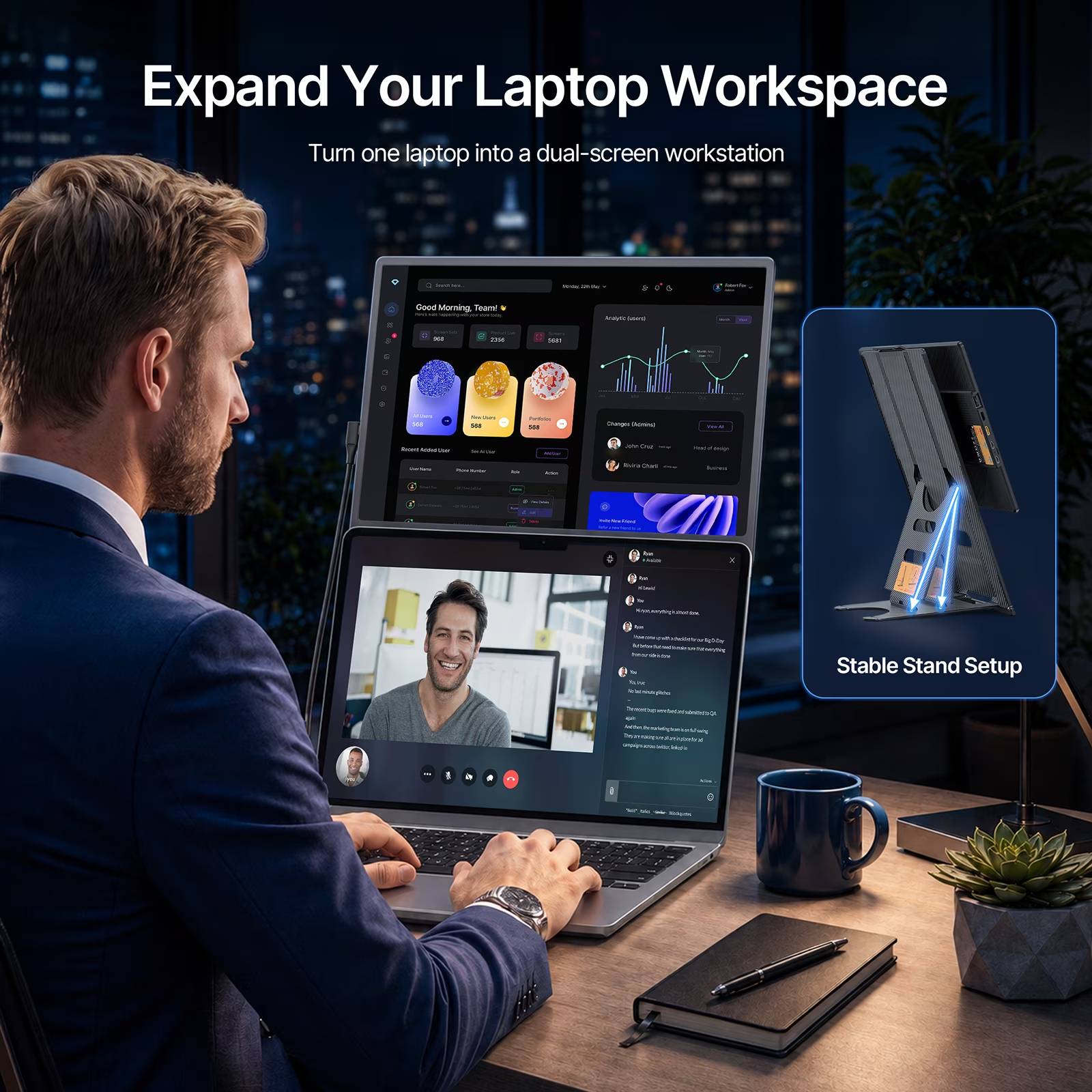 ✔15.6" FHD IPS Display: 1080P, 330 nits and 100% sRGB vivid color
✔Detachable Stand: 7.44" height adjustment and 90 degree rotation
✔Plug and Play USB-C/HDMI: DP Alt Mode or HDMI plus USB power
✔Portable Second Screen: 2.77 lb design for work, travel and study
✔VESA and Speakers: 75 x 75 mm mounting with built-in audio

💻 **Expand Your Laptop Workspace**
Turn one laptop into a more productive dual-screen workstation with the Dnnevik 15.6" laptop screen extender. This portable monitor for laptop use gives you extra screen space for spreadsheets, video meetings, coding, documents, online classes, creative work, streaming, and gaming—helping you view more and switch between windows less.

🎨 **FHD IPS Display with Vivid Color**
The 15.6" matte IPS screen features 1920 × 1080 Full HD resolution, 100% sRGB color coverage, 330 nits brightness, 1000:1 contrast ratio, 60Hz refresh rate, and built-in speakers. Crisp text, vivid colors, and wide viewing angles make this portable second monitor a practical choice for both productivity and entertainment.

🔄 **Detachable, Adjustable & Flexible**
The detachable stand offers up to 7.44" of adjustment travel and supports 90° rotation, letting you quickly switch between landscape and portrait viewing. Use it above your laptop for a vertical stacked workstation, rotate it for coding and reading, or detach the screen for a flexible standalone portable monitor setup. VESA 75 × 75 mm mounting support gives you even more ways to build your workspace.

🔌 **Plug & Play USB-C / HDMI Connection**
Connect compatible laptops through a full-function USB-C port using one USB-C to USB-C cable for video and power. Devices with HDMI output can connect through HDMI to Mini HDMI plus USB-A or USB-C power. If the signal is unstable or additional power is needed, connect an external 5V/2A power source. Power adapter is not included.

✈️ **Ultra-Thin & Travel Ready**
At only 0.52" thin and approximately 2.77 lb, the portable laptop monitor is easy to carry between home, office, school, coffee shops, and business trips. It works with compatible Windows laptops and PCs, Mac laptops, Chromebooks, supported Android USB-C devices, Nintendo Switch, PS5, Xbox, and other devices with supported video output.