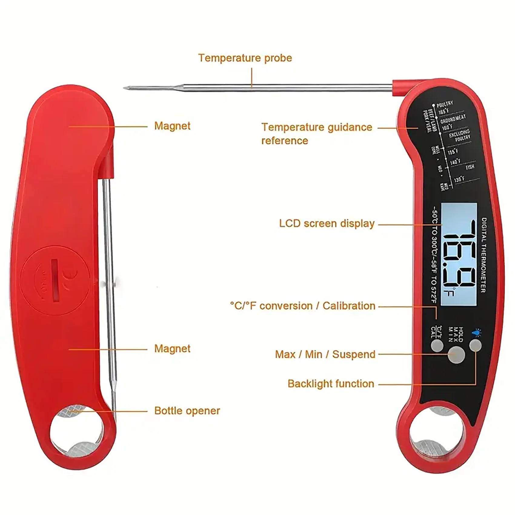 🔥 *2-Second Precision for Perfectly Cooked Meat, Every Time!*Stop guessing and start grilling like a pro! Our instant-read meat thermometer delivers ±1°F accuracy in just 2 seconds, with a wide range from -60°F to 580°F (-52°C to 305°C). Whether you’re searing steak, smoking brisket, or baking cookies, nail the ideal doneness—no more dry chicken or overcooked salmon!
📱 *Wireless Freedom + 100ft Range for Stress-Free Monitoring!*Ditch tangled cords and babysitting the grill! This wireless meat thermometer pairs with a compact receiver (included) to monitor temps remotely from up to 100 feet away. Host backyard BBQs, watch the game, or prep sides indoors while tracking your roast’s progress. Perfect for smokers, ovens, deep fryers, or campfire cooking!
🌟 Multi-Purpose Kitchen MVP – Grill, Fry, Bake & Beyond!More than a BBQ thermometer—this is your ultimate kitchen sidekick! Use it as a candy thermometer for desserts, a deep-fry thermometer for crispy wings, or a baking thermometer for fluffy bread. The 6.5-inch stainless steel probe tackles thick cuts, soups, oils, and even beverages.
💡 User-Friendly Design for Beginners & Grill Masters!
Built to impress, designed to simplify:• Backlit LCD screen – Read temps in dark kitchens or nighttime cookouts.• Auto-calibration – Always accurate, zero setup needed.• Foldable probe – Compact storage for travel or camping.• IPX4 splash-proof – Survives messy marinades or rainy grilling sessions.
🎁 #1 Gift for Meat Lovers – Includes Free Temp Guide & Battery!Grill dads, foodies, and home chefs will obsess over this kit! Comes with a FREE meat temperature chart (ideal temps for steak, poultry, fish, etc.) and a pre-installed battery. Packaged ready-to-gift—perfect for Father’s Day, weddings, or housewarmings.