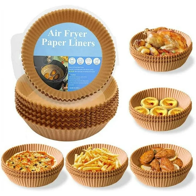 There delpattern Air Fryer Paper Liners are made from food grade parchment paper, this air fryer paper is waterproof, oil resistant, non-stick, 100% healthy and heat resistant, effectively keeping food scraps out of the fryer, which can withstand temperatures up to 450 degrees Fahrenheit , suitable for Air fryers, microwaves, ovens, steamers, cookers, etc. 

Function:
Material: Parchment Paper 
Item Form: Sheets
Sheet Count: 100 PCS
Upper circle diameter：9.4 inch
Lower circle diameter： 7.9 inch
Height: 2.73 inch
Item Weight: 0.66 lb

Why air fryer disposable paper is a good helper in your kitchen?
. Just throw away the air fryer liners after use. No need to clean the fryer anymore.
. Sufficient quantities offer a wide range of choices for your daily cooking, baking and replacement needs.
. These disposable paper liners can effectively keep food residue away from air fryer and make it as clean as unused.
. The heat is generated by air circulation from the pan's wall, and it won't affect the air circulation by using disposable paper liners. When baking, the grease comes out to the paper liner, ensure the original taste of food.

How to use the Air Fryer Liner?
1.Preheat the air fryer (*Do not put baking paper when preheating)
2.Put the air fryer parchment paper in.
3.Put the food on the top of the liner, and bake.

Notices
. In order to avoid burning in air fryer please don't put air fryer paper liner at the preheating time.
. Parchment paper for air fryer cannot be used directly on the open flame or directly on the charcoal grill.