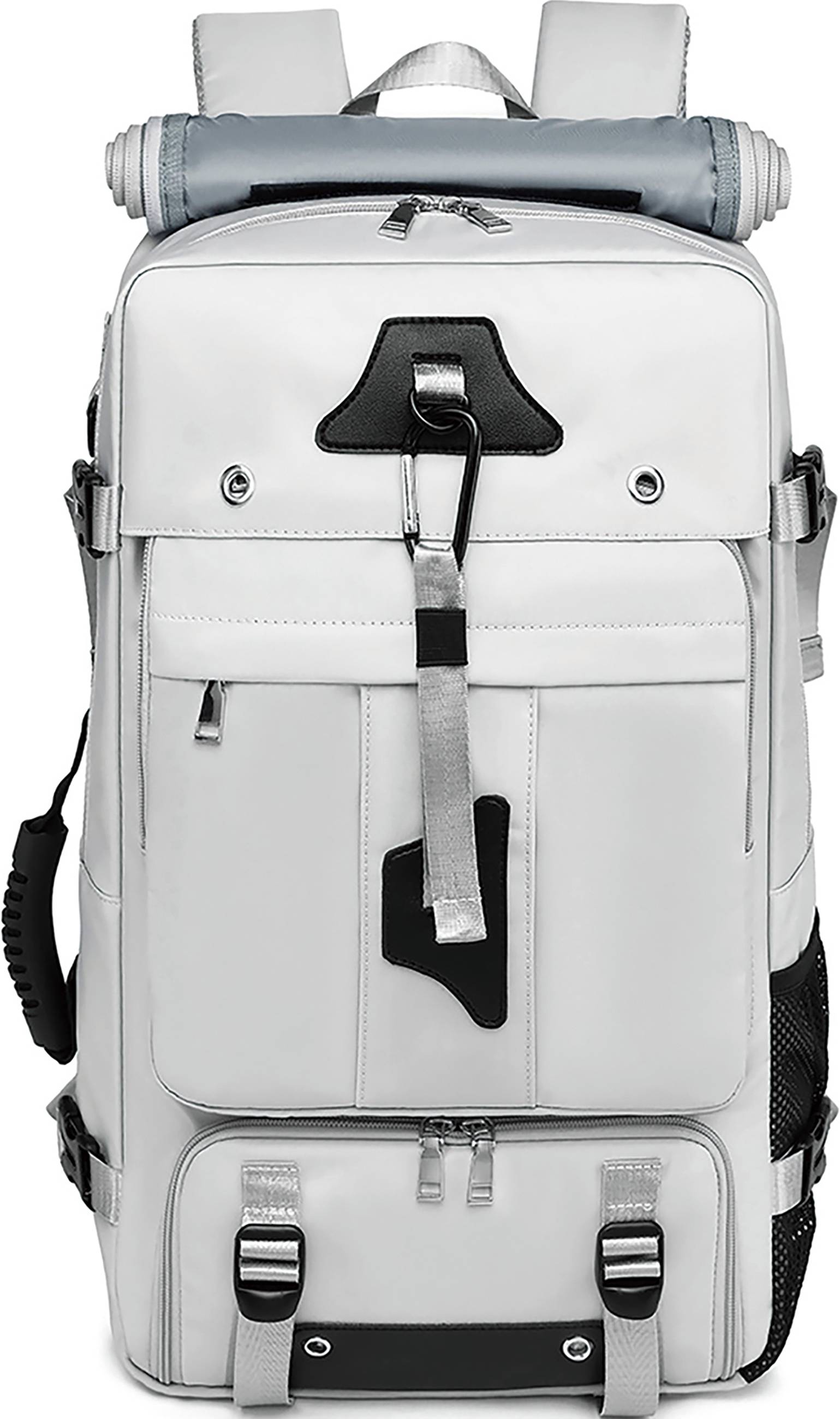 Massive Capacity: The travel backpack offers over 50L of storage space, accommodating items needed for 3-5 days of travel, camping, or hiking.
Shoe Compartment: Features an independent shoe compartment that keeps footwear separate from the main storage area, ensuring easy access and cleanliness.
Durable Construction: Made from nylon material with reinforced stitching and double-sided anti-slip zippers, the backpack is built to withstand rough use.
Waterproof Design: Equipped with a unique waterproof curtain design to protect your belongings from rain and spills.
Ergonomic Comfort: Includes widened and thickened shoulder straps with 3D shock-absorbing cotton padding to reduce load and enhance comfort during long carries.
Organized Storage: Features multiple compartments, including a front zipper bag, side cup holder, independent computer compartment, and internal mesh bags for easy organization.
Anti-Theft Security: Comes with an anti-theft buckle design to secure your items and ensure safety in crowded areas.
Versatile Use: Suitable for frequent flyers, outdoor enthusiasts, professionals, and minimalist travelers, offering a sleek and functional design for various needs.