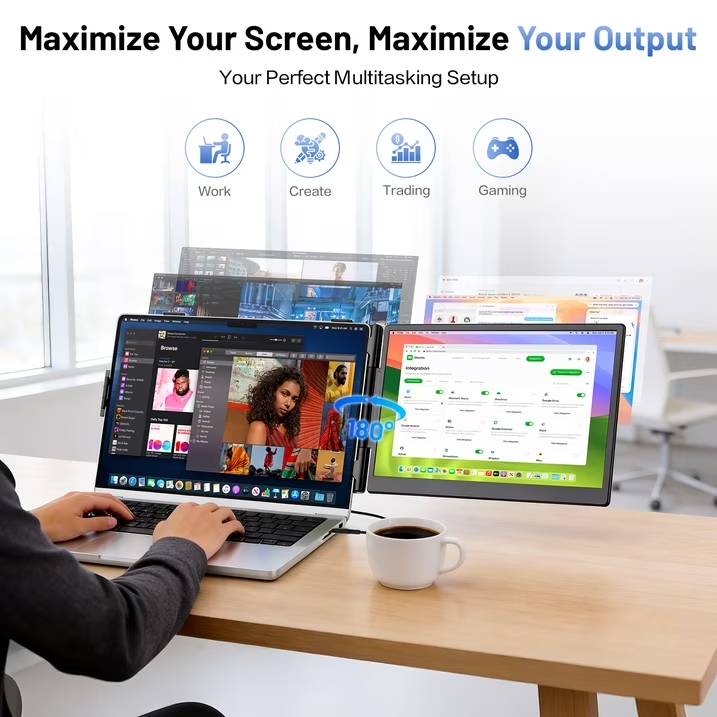 🔥 Maximize Your Productivity Anywhere

Turn your laptop into a powerful multi-screen workstation with this portable laptop screen extender. Featuring a 14-inch Full HD 1080P IPS display, it delivers vivid colors, sharp detail, and wide viewing angles—perfect for professionals, students, and creatives.

💻 Flexible Work, Your Way

With multiple display modes including Extend, Mirror, and Portrait, you can customize your setup based on your needs:

Extend Mode: multitask across screens
Mirror Mode: presentations & sharing
Portrait Mode: coding, reading, vertical workflows
⚡ Easy Setup, Wide Compatibility

This dual screen laptop extender supports:

✔ USB-C full-function connection (single cable)
✔ HDMI + USB-A connection (dual cable setup)
✔ External power support (5V/2A when needed)
No drivers. No complicated setup. Just plug and go.

🎒 Designed for Mobility

Ultra-lightweight and compact, this portable monitor for laptop fits easily into your bag, making it ideal for:

Remote work
Business travel
Coffee shop productivity
Home office upgrades
🧠 Smart Design & Stability
Adjustable kickstand for stable support
Expandable clamps for secure mounting
Durable open-frame design for better cooling
Built-in ambient light modes for a modern look