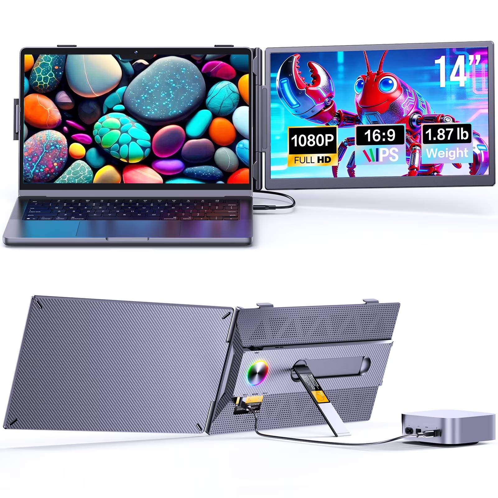 🔥 Maximize Your Productivity Anywhere

Turn your laptop into a powerful multi-screen workstation with this portable laptop screen extender. Featuring a 14-inch Full HD 1080P IPS display, it delivers vivid colors, sharp detail, and wide viewing angles—perfect for professionals, students, and creatives.

💻 Flexible Work, Your Way

With multiple display modes including Extend, Mirror, and Portrait, you can customize your setup based on your needs:

Extend Mode: multitask across screens
Mirror Mode: presentations & sharing
Portrait Mode: coding, reading, vertical workflows
⚡ Easy Setup, Wide Compatibility

This dual screen laptop extender supports:

✔ USB-C full-function connection (single cable)
✔ HDMI + USB-A connection (dual cable setup)
✔ External power support (5V/2A when needed)
No drivers. No complicated setup. Just plug and go.

🎒 Designed for Mobility

Ultra-lightweight and compact, this portable monitor for laptop fits easily into your bag, making it ideal for:

Remote work
Business travel
Coffee shop productivity
Home office upgrades
🧠 Smart Design & Stability
Adjustable kickstand for stable support
Expandable clamps for secure mounting
Durable open-frame design for better cooling
Built-in ambient light modes for a modern look