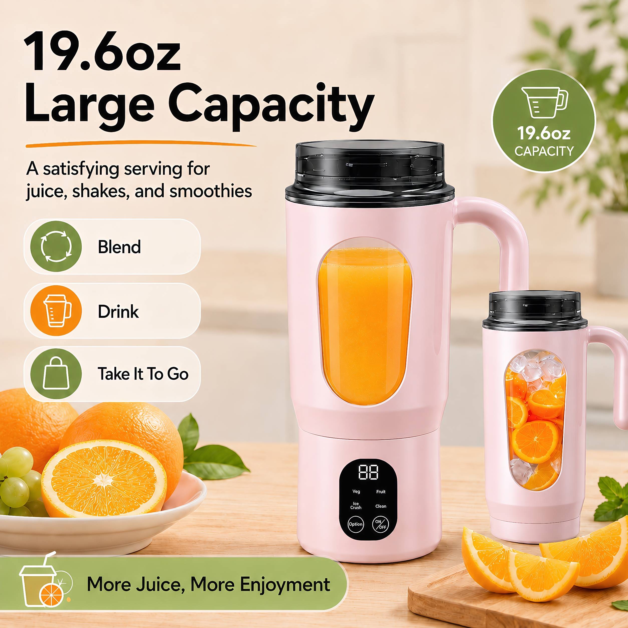 Make fresh drinks easier with the STARBIAO 19.6 oz Portable Blender. Designed for smoothies, shakes, fruit juice, and protein drinks, this personal juicer cup combines blending and drinking in one convenient design. The 12-blade 304 stainless steel system helps blend small fruit pieces, soft ingredients, and small ice cubes more evenly when used with water, milk, juice, or other liquid. Four modes let you choose from fruit, complementary food, ice crush, and cleaning, while the digital display shows battery and working status at a glance. With a hidden bottom Type-C charging port, rechargeable 1300mAh battery, wide handle, drink-through lid, anti-slip bottom pads, and easy-rinse cleaning mode, this portable blender is made for home, office, gym, travel, camping, and everyday fresh drinks on the go.
