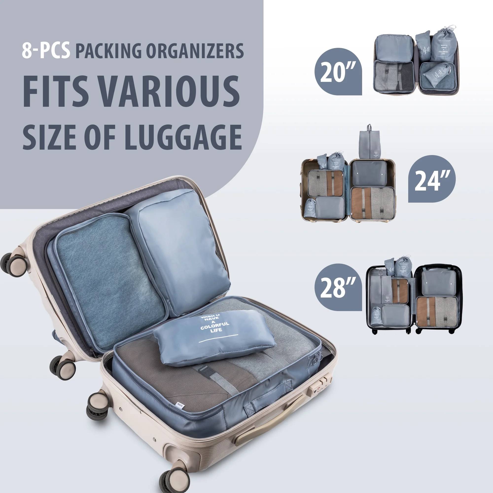 Packing Cubes
Color: Gray
Material: Nylon, Linen Closure
Type: Zipper/Drawstring
8 Number of Items:
3 travel packing cubes with a see-through mesh top for clothes
1 private cube for bras and underwear
1 travel shoe bag
2 laundry bags for dirty clothes
1 flat bag for small items, like socks, electronic accessories or keys.
Item Package Dimensions: 12.4 x 8.4 x 2 inches
Package Weight: 0.95lbs
What's included:
1 x L packing cube : 16 x 12. x 4.8 in
1 x M packing cube : 12.8 x 10 x 4.4 in
1 x S packing cube : 12 x 9 x 4.8 in
1 x Underwear packing cube : 11.2 x 8 x 4.4 in
1 x Shoe Bag : 13.6 x 8.4 x 4 in
1 x Big Laundry Bag : 14.4 x 10.8 in
1 x Small Laundry Bag:10 x 6.4 in
1 x Flat Bag : 10.5 x 6.4 in