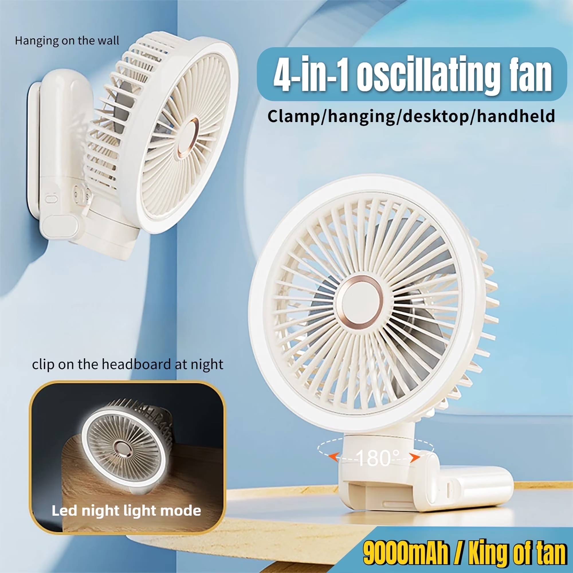 🌟This Isn’t Just a Fan—It’s a Summer Game-Changer!
🌟 Say goodbye to basic folding fans. Meet the ALL-NEW Multi-Function Folding Handheld Fan with built-in desktop oscillation and LED lighting. Buy one fan, get four gadgets in one—at no extra cost!
Why It’s a Breakthrough:
We smashed old-school designs to pack 12 killer features into this powerhouse:
﻿✅Mega 9000mAh battery (8-16 hours!)
﻿✅2-Speed LED Light (soft glow or bright helper)
﻿✅4-Speed Wind Control (sleep, refresh, turbo, or natural breeze)
✅﻿360° Rotating & Folding (aim airflow ANYWHERE)
✅﻿4-in-1 Versatility (handheld, desktop, clip-on, or hanging)
✅﻿Phone Charging Support (yes, it powers your devices!)
✅﻿Ultra-Quiet & Kid-Safe (no buzz, no ouchies)
✅…and more. This isn’t a fan—it’s THE fan.

Take Coolness Anywhere:
It can be house fan, office fan, desk fan camping fan , hikes, fishing spots—its pocket-sized magic fits everywhere. Summer just met its match.
🎁﻿The Gift That Keeps Giving (Cool Air):
🎁Dads, moms, friends, kids—they’ll love this practical, life-saving gadget. Every time the temperature spikes, they’ll remember your genius pick..

﻿Why Every Home Needs One:
Parent-approved stroller fan: Breeze on demand for happy stroller rides
⚡You need a wall mounted fan while cooking
⚡You need a table fan during work/gaming
⚡﻿You need a handheld fan on sweaty hikes
⚡You need a clip on fan when camping
One fan = Your personal AC squad,It can meet all scenarios
﻿Lightweight? Check. Powerful? Double-check. Fold it, toss it in your bag, and conquer summer like a pro.

What can you get?
🌀1*powerful oscillating fan
🌀1*powerful fan clamp
🌀1*fan wall bracket
🌀1*double-sided adhesive hook
🌀1*Type-C charging cable
🌀1*English user manual
🌀1*packaging box
✅【4-in-1 Flexibility, Zero Compromise】Be the boss of your breeze! Use it as a handheld fan during hikes, a clip-on fan for your baby’s stroller, a desk fan for your home office, or a hanging tent fan while camping. One anchor point, endless possibilities – no more buying separate fans for every room!
✅【Silent But Deadly (to Heat!)】A magnetic suspension motor keeps noise below 25dB – quieter than a whisper! Perfect for light sleepers, Zoom calls, or nurseries. Meanwhile, the turbo 4th speed blasts air 30% farther than basic desk fans.
✅【Charge Your Phone While Cooling Off】9000mAh battery? Check. 16-hour runtime? Check. Phone charging via USB-C? *Game-changer!* Power your devices during blackouts, flights, or beach days – imagine cooling your face AND reviving a dead phone simultaneously.
✅【180° Oscillation + 360° Tilt = Total Air Domination】Traditional fans blast air in one direction, leaving “dead zones.” Ours sweeps every corner with smooth auto-oscillation and tilts vertically to target faces, pets, or hot spots. Bye-bye, stiff necks from adjusting fans!
✅【Kid-Proof & Stress-Proof】7mm safety mesh protects curious fingers, while the child-lock button prevents accidental mode changes. Plus, the one-click disassembly makes cleaning a 10-second task – no screws, no fuss.
✅ 【Camp Like a Pro with Built-In Light】The 2-level LED isn’t just a nightlight – it’s a *mood-setting tool*. Use low light for midnight snack runs in the tent or high brightness as a makeup mirror in dim bathrooms.
🎁🌪️【BUY WITH CONFIDENCE】If you have any questions, please feel free to contact us, we just want you to have a cool summer, always staying cool🌪️🎁