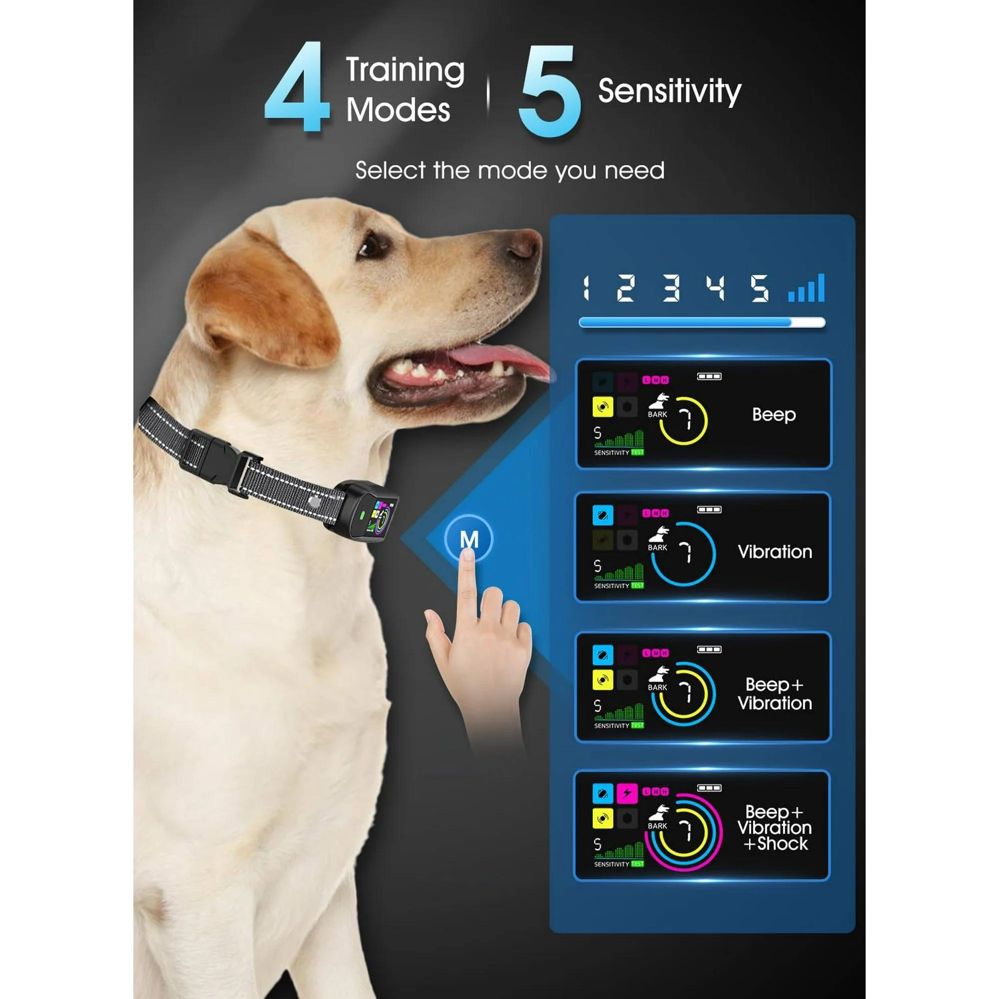 ✅【Safe And Humanised Setup】The advanced technology smart dog bark collar accurately detects the dog's own barking. Equipped with upgraded smart AI chip, activated based on two conditions: barking sound and vocal cord vibration (no remote control needed). Equipped with 4-in-1 correction mode (beep alert → vibration alert → dual mode alert → adjustable electric shock (L/M/H)). With 5 levels of sensitivity with adjustable algorithms, Bark Detection 2.0 advanced dual microphone system ensures accurate response to barking while filtering out ambient/other dog noises, 100% preventing false triggers and protecting your dog from unwanted punishment.
✅【Smart AI safety lock】 Our shock collar for dogs has automatic anti-bark and smart protection function; the triple sensor system of the anti-bark device can enter the safety protection lock after 7 consecutive triggers, allowing the dog to enter the 30-second cool-down time, preventing the dog from over-stimulation, protecting the dog and the performance of the device, and giving it more chances to self-correct. 30 seconds later press any key to reactivate.
✅【Fast Charging & Waterproof】 With new charging method, magnetic fast charger allows for easy charging, a full charge in 2 hours will last for about 16 days; LED real-time display shows remaining battery level and activity mode; IP68 waterproof rating allows your dog to enjoy bathing, swimming, chasing toys around the pool or playing in the rain.
✅【Fits Most Dogs】 Made of skin-friendly, comfortable shock-absorbing soft nylon.The dog collars for small dogs、medium dogs、large dogs。this bark collar straps are suitable for dogs weighing 8-120lbs+ and neck sizes 6-27 inches; ideal for dogs over 6 months old. The universal size and reinforced nylon straps can be adjusted to fit your puppy's growth.
✅【Enjoy Time With Your Dog】 The bark collar is easy to operate with only two buttons: an on/off button to control the power switch and sensitivity, and a mode button to control four different dog training modes. All you need to do is bring the bark collar unit home, switch it on and put it around your dog's neck. It effectively eliminates annoying dog barking at night or when you are not at home, creating a peaceful environment for your family and neighbours.
✅【Expert Assistance】We understand that the bark collar is not a punishment tool, but a communication bridge with your dog; we recommend that you refer to the user manual before use for optimal performance and safety.
🐶Give Your Dog (and Yourself) the Bark Control Training Aids of Quiet.Join thousands of satisfied owners – click “Add to Cart” now and transform barking chaos into harmony today! 🐶✨