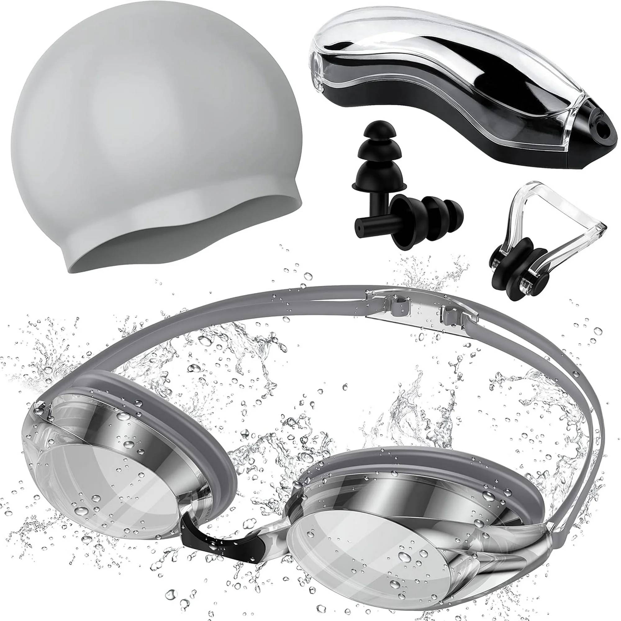 Goggles for Swimming Kids Youth Adult, Comfortable Daily Swim Glasses with Mirrored Anti-Fog lens and UV Protection No Leak Water.

Key Features:
. Swim goggle youth provides a sleek, snug, low profile inner eye fit.
. Anti-Fog coating helps prevents the condensation of water.
. Flexible silicone frame and gasket can ensure no leak water.
. UV protected lenses block the sun's harmful UVA and UVB rays.
. Mirrored lens helps reduce glare.
. Updated styling with ultra low profile design and 25% more peripheral vision.

Specifications:
Color: Transparent
Frame Material: Silicone
Lens Material: PC
Size: Large
Weight: 7.05 Ounces/0.38lb

Packing list:
1x Swim goggles
1x Nose Clips
1x Portable case
1x Elastic Swimming Caps

Notes:
. Please take off the protective film on the surface of the goggles before use.