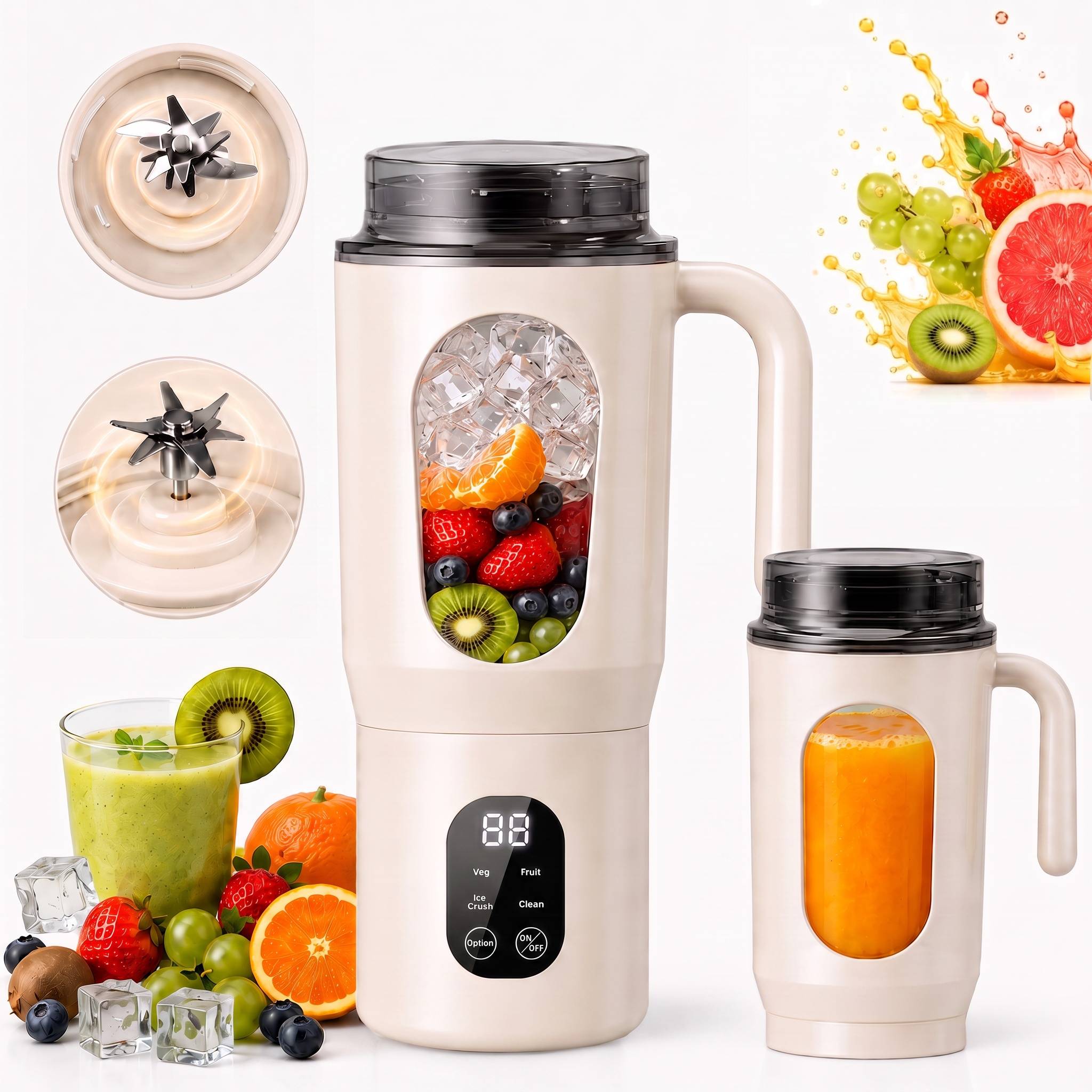 Make fresh drinks easier with the STARBIAO 19.6 oz Portable Blender. Designed for smoothies, shakes, fruit juice, and protein drinks, this personal juicer cup combines blending and drinking in one convenient design. The 12-blade 304 stainless steel system helps blend small fruit pieces, soft ingredients, and small ice cubes more evenly when used with water, milk, juice, or other liquid. Four modes let you choose from fruit, complementary food, ice crush, and cleaning, while the digital display shows battery and working status at a glance. With a hidden bottom Type-C charging port, rechargeable 1300mAh battery, wide handle, drink-through lid, anti-slip bottom pads, and easy-rinse cleaning mode, this portable blender is made for home, office, gym, travel, camping, and everyday fresh drinks on the go.