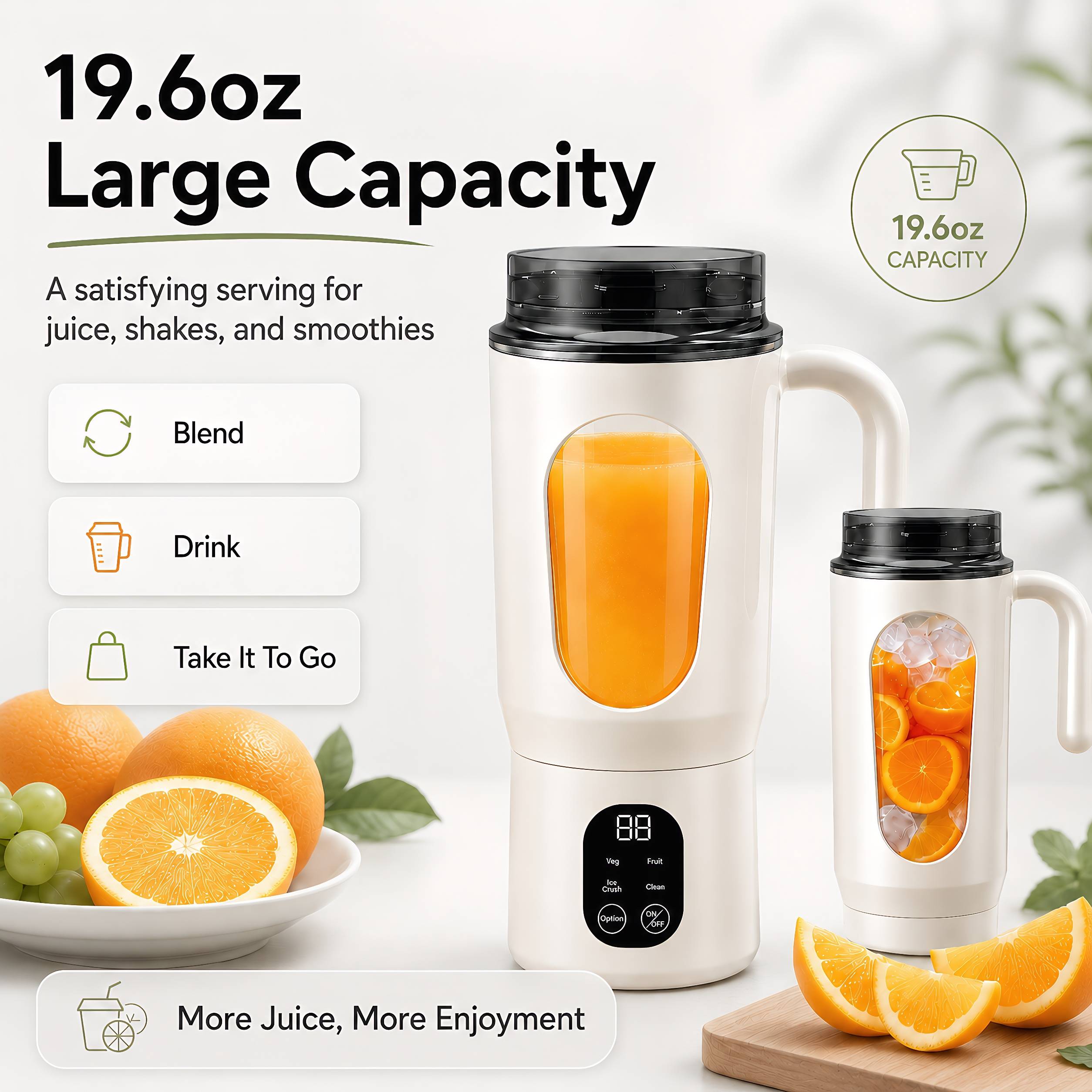 Make fresh drinks easier with the STARBIAO 19.6 oz Portable Blender. Designed for smoothies, shakes, fruit juice, and protein drinks, this personal juicer cup combines blending and drinking in one convenient design. The 12-blade 304 stainless steel system helps blend small fruit pieces, soft ingredients, and small ice cubes more evenly when used with water, milk, juice, or other liquid. Four modes let you choose from fruit, complementary food, ice crush, and cleaning, while the digital display shows battery and working status at a glance. With a hidden bottom Type-C charging port, rechargeable 1300mAh battery, wide handle, drink-through lid, anti-slip bottom pads, and easy-rinse cleaning mode, this portable blender is made for home, office, gym, travel, camping, and everyday fresh drinks on the go.