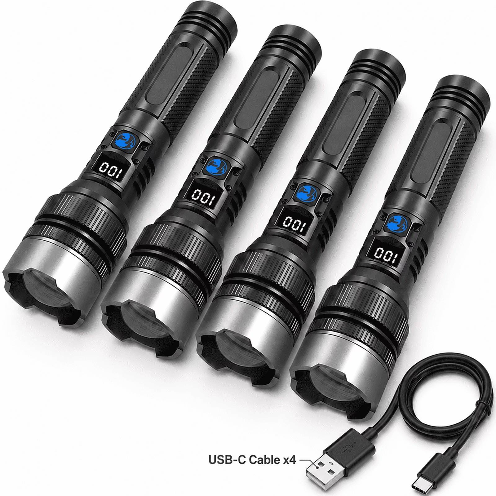 Product details

💡💡Super Bright:the newly upgraded PX70 chip flashlight from Super Bright can generate up to High lumens of brightness, which is three times that of car headlights and enough to meet all your needs.💡💡

What's included?
4*flashlights (batteries included)
4*USB-C charging cables
4*wrist straps

💎Easy to use: 3 brightness and burst modes can be freely adjusted. Long press to turn off any current mode, effectively saving power
💎Adjustable: The flashlight can freely choose the illumination range, 180 degree large-area illumination, or long-distance illumination by stretching the flashlight's head, making it easy to control the illumination range and distance of the flashlight.
💎Waterproof and sturdy: The flashlight is made of high hardness aluminum alloy and IP67 waterproof material, which is wear-resistant, drop proof, and durable, and can be used normally in harsh environments such as rain and snow

💎Easy to carry: The flashlight body is 4.06 inches long and the head is 1.69 inches wide, which is more in line with the natural hand shape of the human hand, and can be held for a long time without fatigue.

Can charge mobile phones: The built-in large capacity battery can charge mobile devices, and can work for 8-12 hours when fully charged

❤️Such a powerful flashlight with comprehensive performance can be used for outdoor hiking, hunting, camping, and can also be given as a gift to your husband or father. Friends are simply amazing.