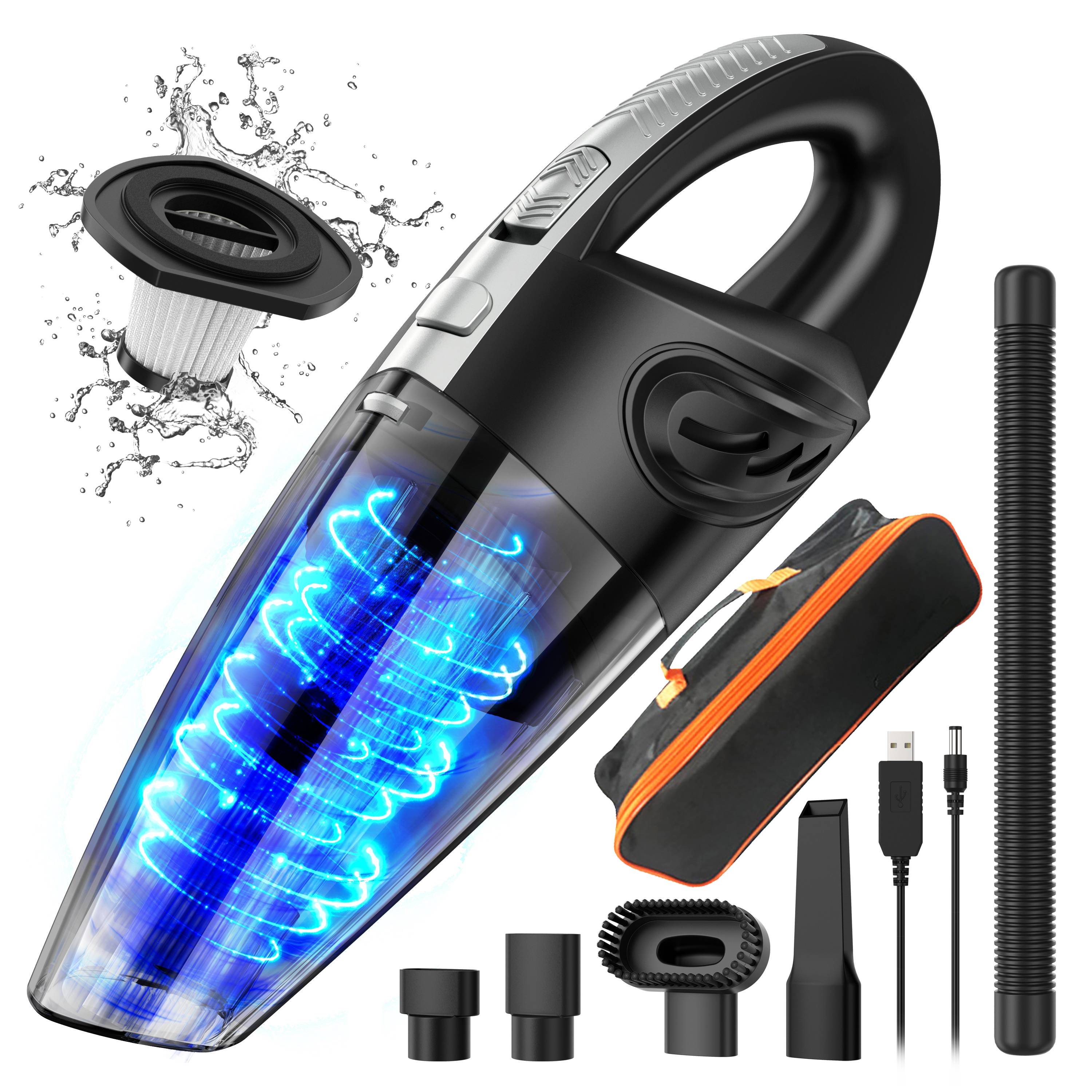 This is a new cordless car vacuum cleaner with strong suction and low noise, with a 12000PA that meets any of your daily needs. It can sweep away pet hair, debris, dust, and large particles in one go. The multi accessory suction nozzle can clean various corners, blankets, and hose accessories can also clean garbage in every corner of the car< br/> Powerful battery life, charging for 3 hours can last for 30-45 minutes, allowing you to do whatever you want without waiting. The overcurrent protection and overshoot protection functions provide 100% protection for your and your product's safety< br/> Lightweight and ergonomically designed, it features a 500ml visual dust cup and easy disassembly for efficient cleaning. Equipped with a multi-layer filter and various attachments, it handles both dry and wet messes with ease.
Dual-Use for Wet and Dry - It not only helps you clean particles and dust but also comes in handy when you accidentally spill some juice. Its powerful suction and high-density filter can effectively clean up the mess, and simply air-dry the filter after use to ensure efficient performance again

Tip: The Cordless vacuum cleaner comes with a stylish waterproof bag, making it easier for you to take it wherever you want< br/>
What can you get< br/> Powerful Vacuum Cleaner * 1
Connection Head*2
Washable Filter*1
Hose connctor*1
Suction Nozle*1
Brush Nozzle*1
Instruction*1
ADapter*1
Fashion waterproof bag * 1
Exquisite packaging box * 1
