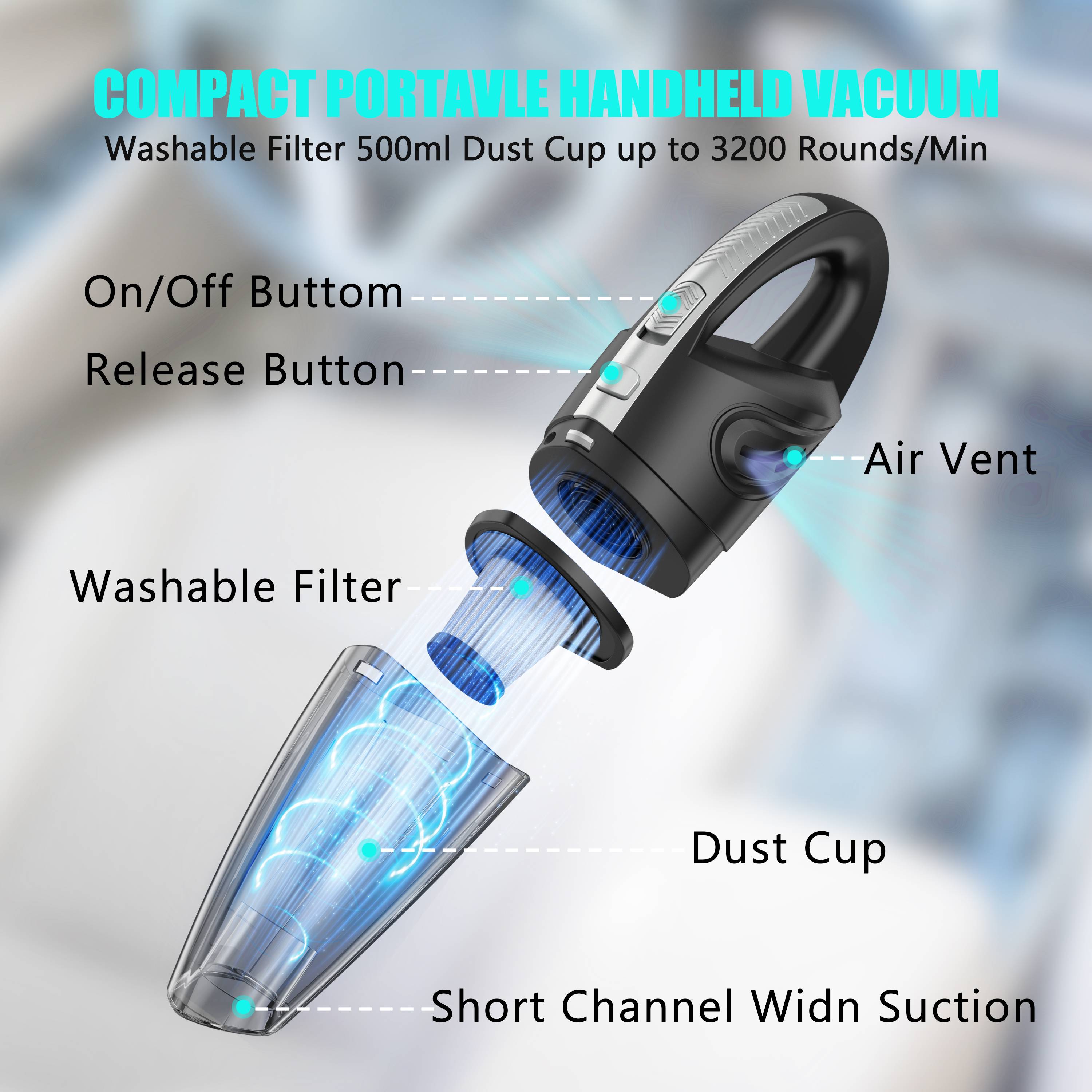 This is a new cordless car vacuum cleaner with strong suction and low noise, with a 12000PA that meets any of your daily needs. It can sweep away pet hair, debris, dust, and large particles in one go. The multi accessory suction nozzle can clean various corners, blankets, and hose accessories can also clean garbage in every corner of the car< br/> Powerful battery life, charging for 3 hours can last for 30-45 minutes, allowing you to do whatever you want without waiting. The overcurrent protection and overshoot protection functions provide 100% protection for your and your product's safety< br/> Lightweight and ergonomically designed, it features a 500ml visual dust cup and easy disassembly for efficient cleaning. Equipped with a multi-layer filter and various attachments, it handles both dry and wet messes with ease.
Dual-Use for Wet and Dry - It not only helps you clean particles and dust but also comes in handy when you accidentally spill some juice. Its powerful suction and high-density filter can effectively clean up the mess, and simply air-dry the filter after use to ensure efficient performance again

Tip: The Cordless vacuum cleaner comes with a stylish waterproof bag, making it easier for you to take it wherever you want< br/>
What can you get< br/> Powerful Vacuum Cleaner * 1
Connection Head*2
Washable Filter*1
Hose connctor*1
Suction Nozle*1
Brush Nozzle*1
Instruction*1
ADapter*1
Fashion waterproof bag * 1
Exquisite packaging box * 1