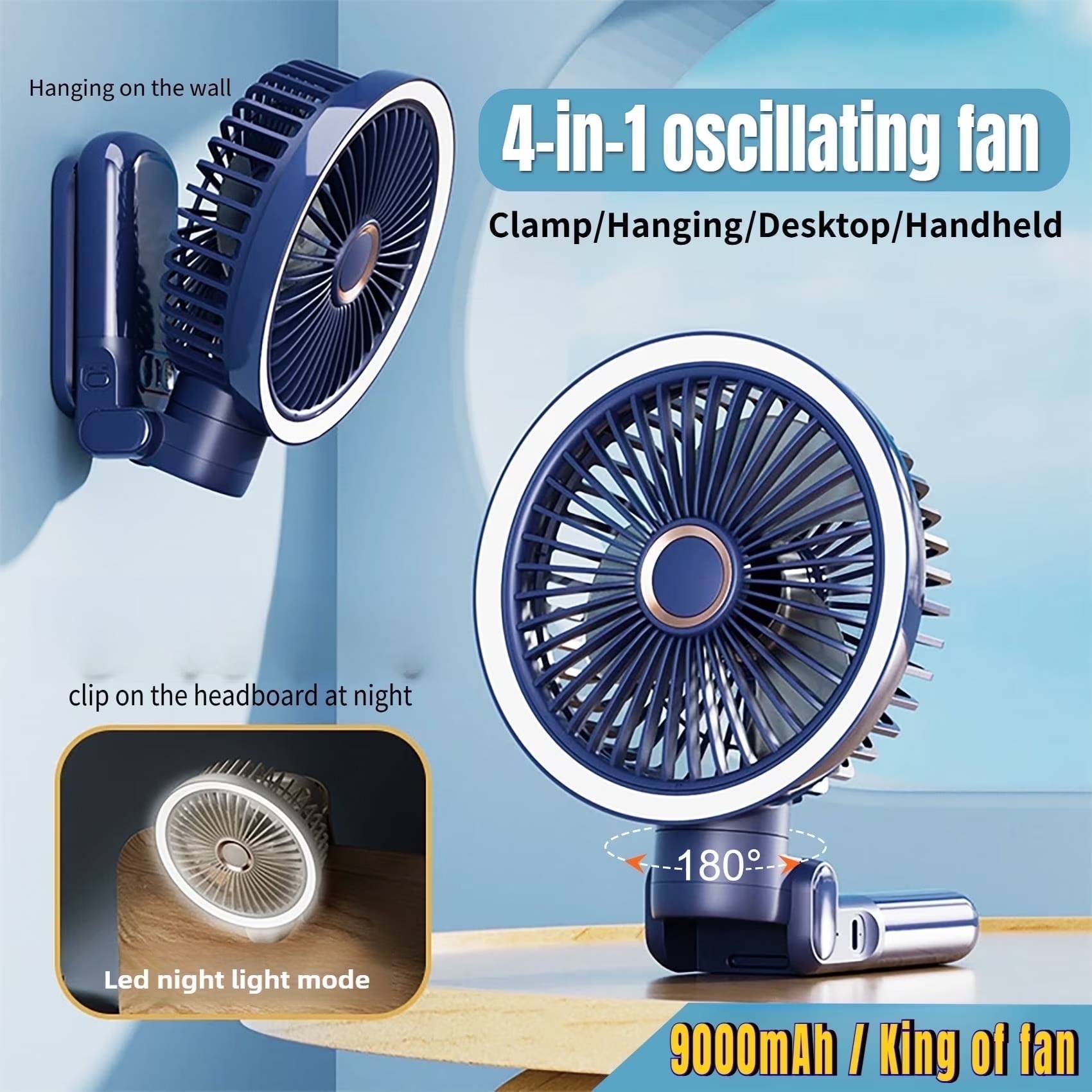 Product details

🌟This Isn’t Just a Fan—It’s a Summer Game-Changer!
🌟 Say goodbye to basic folding fans. Meet the ALL-NEW Multi-Function Folding Handheld Fan with built-in desktop oscillation and LED lighting. Buy one fan, get four gadgets in one—at no extra cost!
Why It’s a Breakthrough:
We smashed old-school designs to pack 12 killer features into this powerhouse:
﻿✅Mega 9000mAh battery (8-16 hours!)
﻿✅2-Speed LED Light (soft glow or bright helper)
﻿✅4-Speed Wind Control (sleep, refresh, turbo, or natural breeze)
✅﻿360° Rotating & Folding (aim airflow ANYWHERE)
✅﻿4-in-1 Versatility (handheld, desktop, clip-on, or hanging)
✅﻿Phone Charging Support (yes, it powers your devices!)
✅﻿Ultra-Quiet & Kid-Safe (no buzz, no ouchies)
✅…and more. This isn’t a fan—it’s THE fan.

Take Coolness Anywhere:
It can be house fan, office fan, desk fan camping fan , hikes, fishing spots—its pocket-sized magic fits everywhere. Summer just met its match.
🎁﻿The Gift That Keeps Giving (Cool Air):
🎁Dads, moms, friends, kids—they’ll love this practical, life-saving gadget. Every time the temperature spikes, they’ll remember your genius pick..

﻿Why Every Home Needs One:
Parent-approved stroller fan: Breeze on demand for happy stroller rides
⚡You need a wall mounted fan while cooking
⚡You need a table fan during work/gaming
⚡﻿You need a handheld fan on sweaty hikes
⚡You need a clip on fan when camping
One fan = Your personal AC squad,It can meet all scenarios
﻿Lightweight? Check. Powerful? Double-check. Fold it, toss it in your bag, and conquer summer like a pro.

What can you get?
🌀1*powerful oscillating fan
🌀1*powerful fan clamp
🌀1*fan wall bracket
🌀1*double-sided adhesive hook
🌀1*Type-C charging cable
🌀1*English user manual
🌀1*packaging box
【4-in-1 Flexibility, Zero Compromise】Be the boss of your breeze! Use it as a handheld fan during hikes, a clip-on fan for your baby’s stroller, a desk fan for your home office, or a hanging tent fan while camping. One anchor point, endless possibilities – no more buying separate fans for every room!
✅【Silent But Deadly (to Heat!)】A magnetic suspension motor keeps noise below 25dB – quieter than a whisper! Perfect for light sleepers, Zoom calls, or nurseries. Meanwhile, the turbo 4th speed blasts air 30% farther than basic desk fans.
✅【Charge Your Phone While Cooling Off】9000mAh battery? Check. 16-hour runtime? Check. Phone charging via USB-C? *Game-changer!* Power your devices during blackouts, flights, or beach days – imagine cooling your face AND reviving a dead phone simultaneously.
✅【180° Oscillation + 360° Tilt = Total Air Domination】Traditional fans blast air in one direction, leaving “dead zones.” Ours sweeps every corner with smooth auto-oscillation and tilts vertically to target faces, pets, or hot spots. Bye-bye, stiff necks from adjusting fans!
✅【Kid-Proof & Stress-Proof】7mm safety mesh protects curious fingers, while the child-lock button prevents accidental mode changes. Plus, the one-click disassembly makes cleaning a 10-second task – no screws, no fuss.
✅ 【Camp Like a Pro with Built-In Light】The 2-level LED isn’t just a nightlight – it’s a *mood-setting tool*. Use low light for midnight snack runs in the tent or high brightness as a makeup mirror in dim bathrooms.
🎁🌪️【BUY WITH CONFIDENCE】If you have any questions, please feel free to contact us, we just want you to have a cool summer, always staying cool🌪️🎁