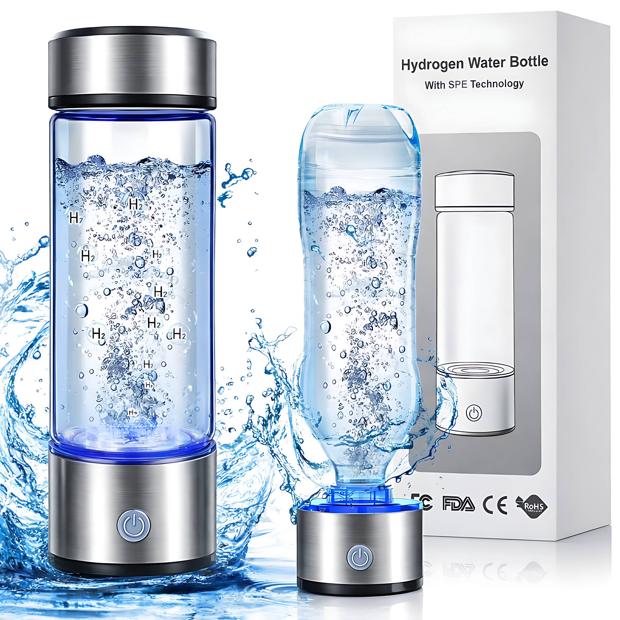 STARBIAO Hydrogen Water Bottle is designed for people who want a smarter, more convenient way to enjoy daily hydration. Using advanced SPE and PEM technology, this portable rechargeable hydrogen water bottle helps generate hydrogen-rich water in about 3 minutes, with hydrogen concentration up to 2800 PPB under standard operating conditions. The 16 oz size is ideal for everyday use at home, in the office, at the gym, or while traveling. Made with borosilicate glass, it offers a clean look, durable construction, and easy maintenance. Simple one-button control, LED status light, Type-C charging, and a detachable design make it easy to use and easy to clean. The built-in connector adds flexibility for direct use or pairing with many standard water bottles. For best results, use purified water, mineral water, alkaline water, or tap water. Do not use juice, milk, tea, coffee, alcohol, or other flavored beverages.