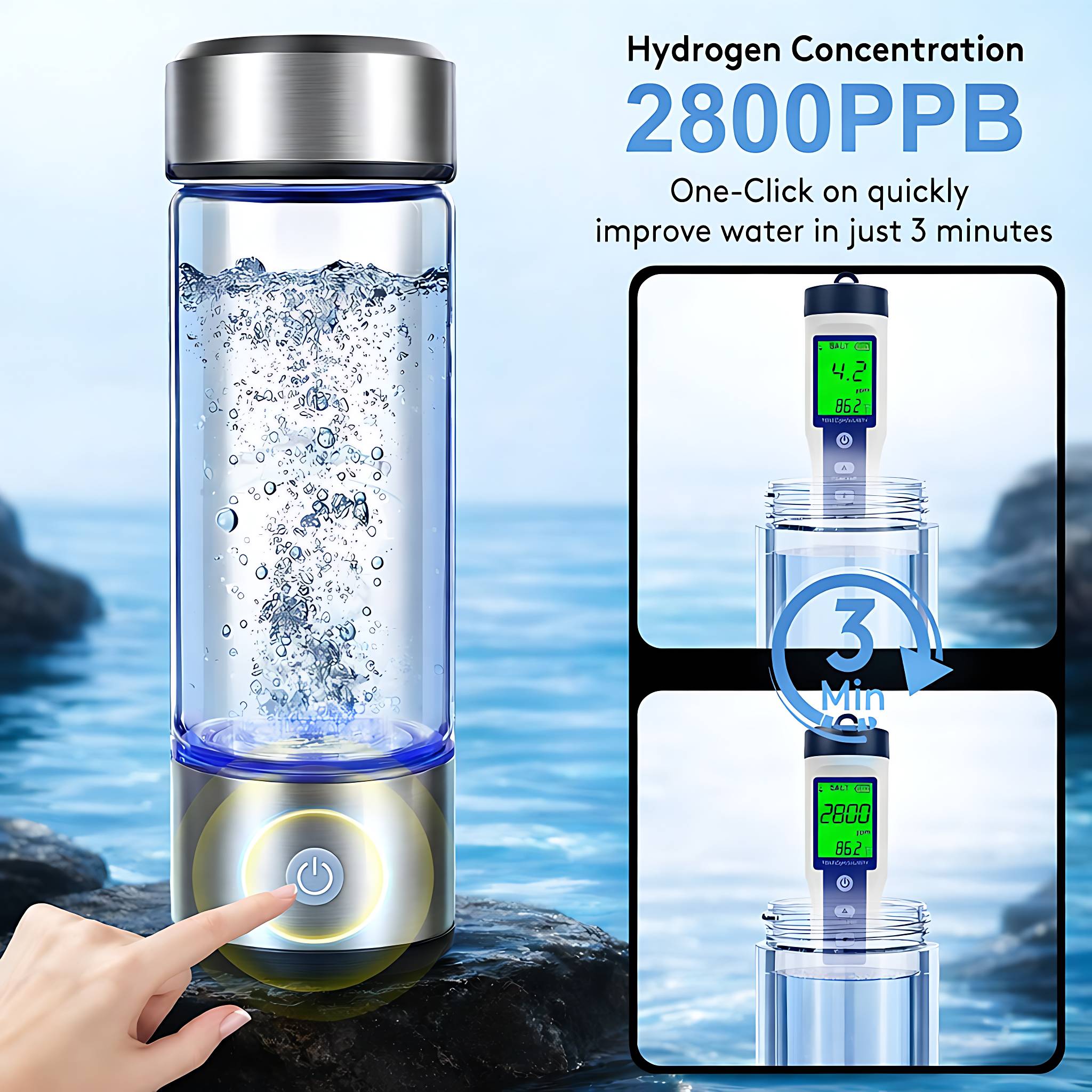 STARBIAO Hydrogen Water Bottle is designed for people who want a smarter, more convenient way to enjoy daily hydration. Using advanced SPE and PEM technology, this portable rechargeable hydrogen water bottle helps generate hydrogen-rich water in about 3 minutes, with hydrogen concentration up to 2800 PPB under standard operating conditions. The 16 oz size is ideal for everyday use at home, in the office, at the gym, or while traveling. Made with borosilicate glass, it offers a clean look, durable construction, and easy maintenance. Simple one-button control, LED status light, Type-C charging, and a detachable design make it easy to use and easy to clean. The built-in connector adds flexibility for direct use or pairing with many standard water bottles. For best results, use purified water, mineral water, alkaline water, or tap water. Do not use juice, milk, tea, coffee, alcohol, or other flavored beverages.