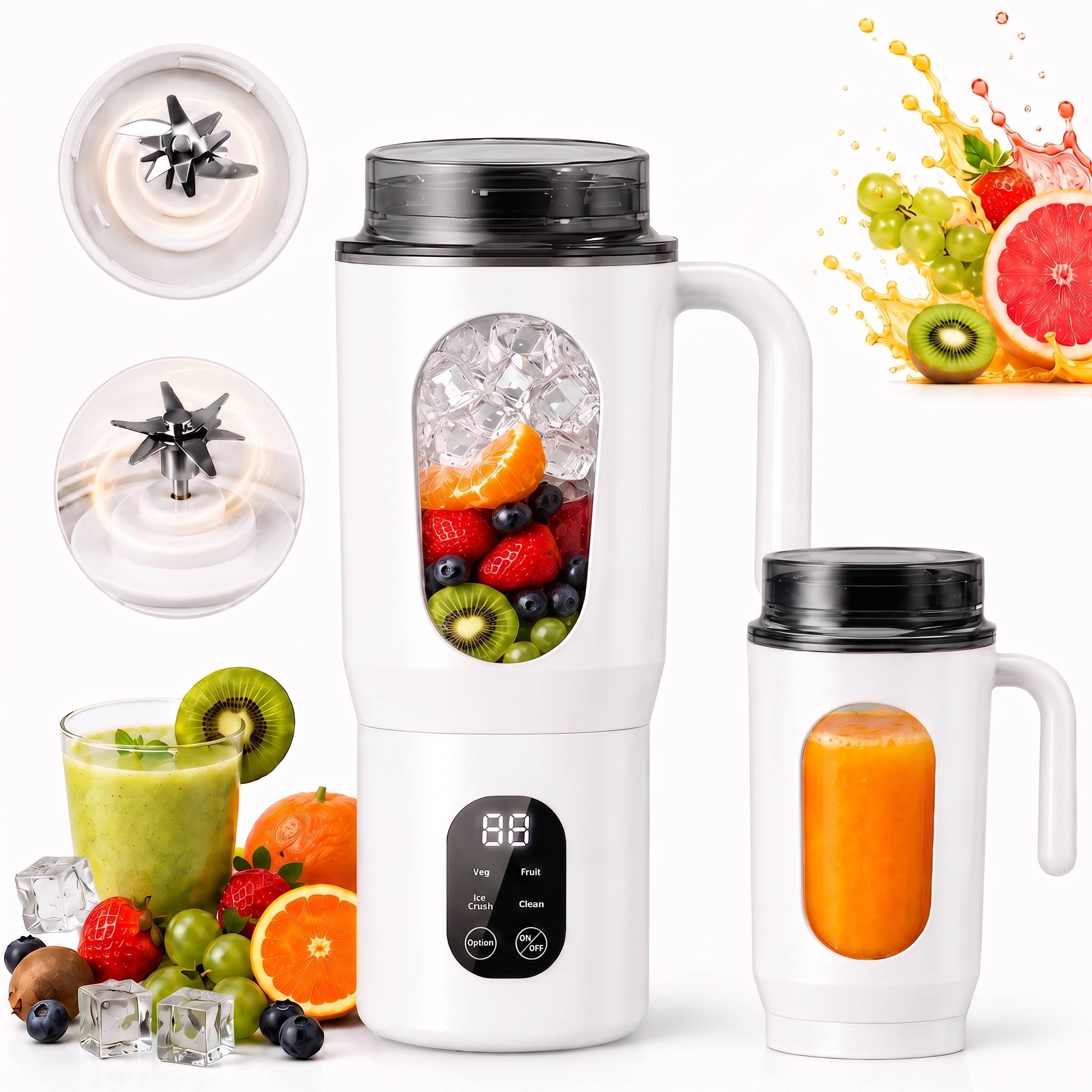 Make fresh drinks easier with the STARBIAO 19.6 oz Portable Blender. Designed for smoothies, shakes, fruit juice, and protein drinks, this personal juicer cup combines blending and drinking in one convenient design. The 12-blade 304 stainless steel system helps blend small fruit pieces, soft ingredients, and small ice cubes more evenly when used with water, milk, juice, or other liquid. Four modes let you choose from fruit, complementary food, ice crush, and cleaning, while the digital display shows battery and working status at a glance. With a hidden bottom Type-C charging port, rechargeable 1300mAh battery, wide handle, drink-through lid, anti-slip bottom pads, and easy-rinse cleaning mode, this portable blender is made for home, office, gym, travel, camping, and everyday fresh drinks on the go.