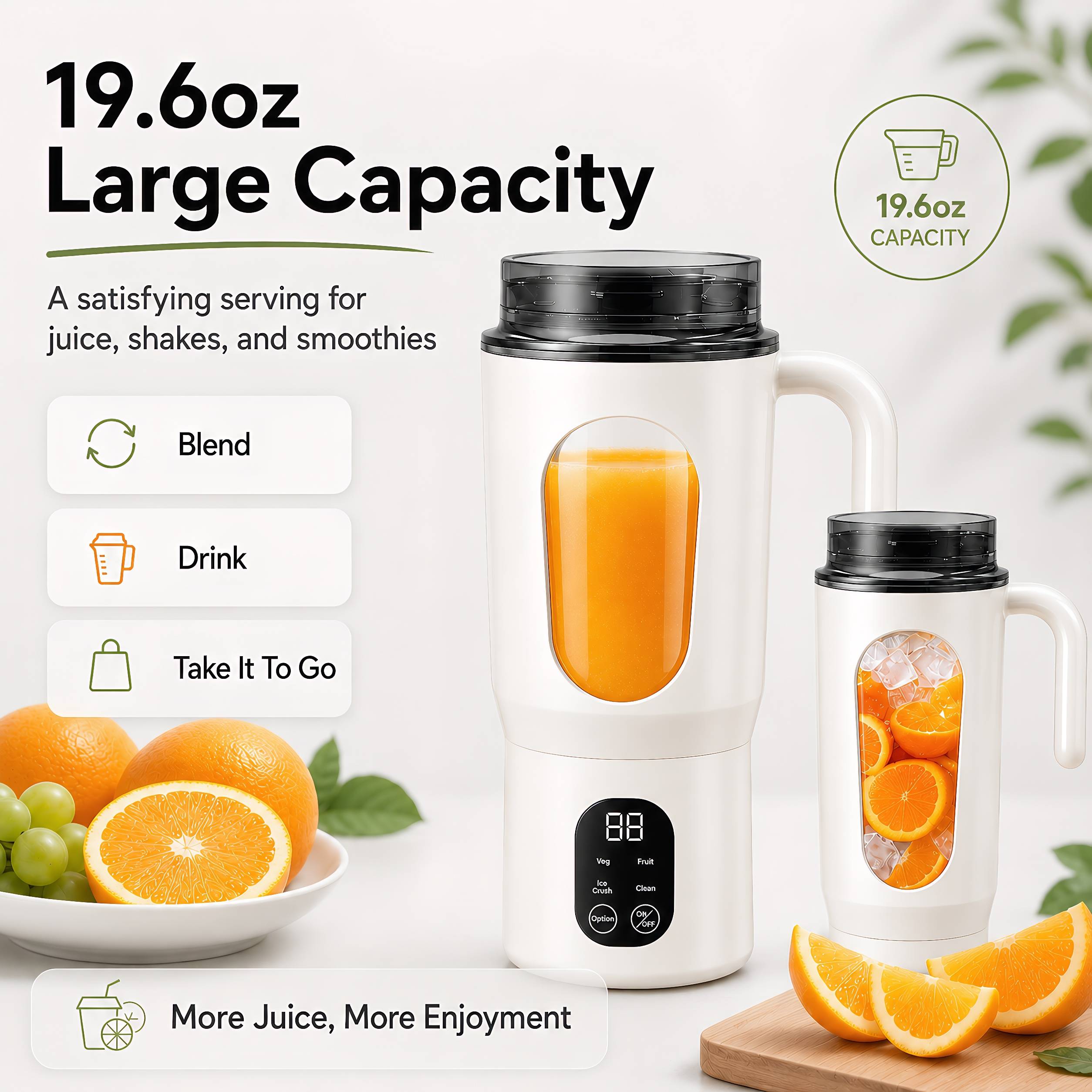 Make fresh drinks easier with the STARBIAO 19.6 oz Portable Blender. Designed for smoothies, shakes, fruit juice, and protein drinks, this personal juicer cup combines blending and drinking in one convenient design. The 12-blade 304 stainless steel system helps blend small fruit pieces, soft ingredients, and small ice cubes more evenly when used with water, milk, juice, or other liquid. Four modes let you choose from fruit, complementary food, ice crush, and cleaning, while the digital display shows battery and working status at a glance. With a hidden bottom Type-C charging port, rechargeable 1300mAh battery, wide handle, drink-through lid, anti-slip bottom pads, and easy-rinse cleaning mode, this portable blender is made for home, office, gym, travel, camping, and everyday fresh drinks on the go.