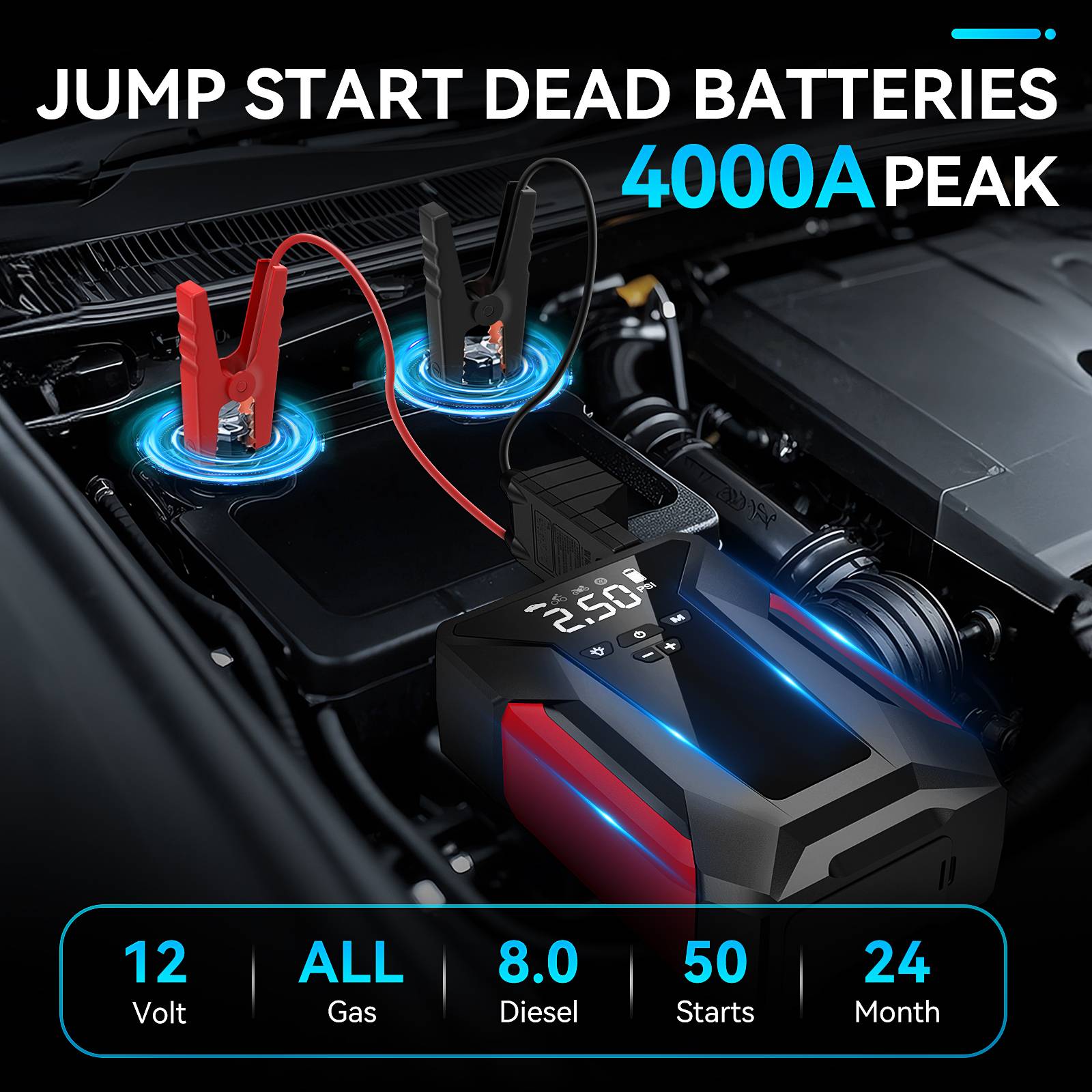✅【INSTANT DEAD-BATTERY RESCUE (4000A PEAK)】→ Starts 10L gas/8.5L diesel engines in 1 crank—even at -40°F!→ Smart clamps auto-detect reverse polarity → sparks safely for cars, trucks, tractors.“Started my frozen F-150 in a blizzard!” – Wyoming user*
✅【SMART TIRE INFLATOR w/ AUTO-STOP (150PSI)】→ Set target PSI/BAR/KPA → stops automatically when reached.→ Inflates cars, bikes, balls, air mattresses in 90 secs (3 nozzles included).No more gauge-checking or over-pumping!
✅【3-MODE EMERGENCY LIGHT: LIFE-SAVER AFTER DARK】Car jump starter→ Flashlight (fix engines at night) → SOS strobe (signal help) → Red strobe (roadside warning).Floods 50 sq.ft. – brighter than phone lights!
✅【 29800mAh FAST-CHARGING POWER BANK】→ Type-C/USB ports fuel phones/tablets at 18W speed.→ Jump+charge simultaneously during waits.
✅【MILITARY-GRADE SAFETY & ALL-CLIMATE PROOF】Muzpu Jump Starter→ 8-layer protection】over-voltage, spark-proof, short-circuit, surge protection.→ Aircraft aluminum shell survives drops, rain, and engine heat.
🎁【COMPLETE KIT = GIFT-READY PEACE OF MIND→ Includes: Heavy-duty clamps, air hose, nozzle set, Type-C cable, weatherproof bag.→ Dad/husband/teen driver? #1 rated gift for birthdays/Christmas.
✅【Buy With Confidence】24/7 support/If you have any questions, do not hesitate to contact us.
Note: Charge for 4+ hours before first use, even if fully charged. 2) Jump start only when battery shows ≥75% (3 bars) for reliable starts.