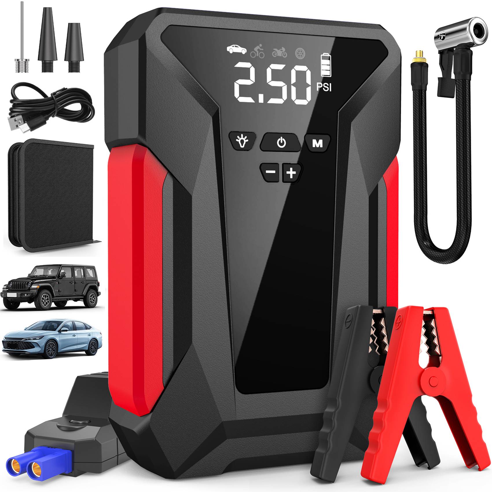 ✅【INSTANT DEAD-BATTERY RESCUE (4000A PEAK)】→ Starts 10L gas/8.5L diesel engines in 1 crank—even at -40°F!→ Smart clamps auto-detect reverse polarity → sparks safely for cars, trucks, tractors.“Started my frozen F-150 in a blizzard!” – Wyoming user*
✅【SMART TIRE INFLATOR w/ AUTO-STOP (150PSI)】→ Set target PSI/BAR/KPA → stops automatically when reached.→ Inflates cars, bikes, balls, air mattresses in 90 secs (3 nozzles included).No more gauge-checking or over-pumping!
✅【3-MODE EMERGENCY LIGHT: LIFE-SAVER AFTER DARK】Car jump starter→ Flashlight (fix engines at night) → SOS strobe (signal help) → Red strobe (roadside warning).Floods 50 sq.ft. – brighter than phone lights!
✅【 29800mAh FAST-CHARGING POWER BANK】→ Type-C/USB ports fuel phones/tablets at 18W speed.→ Jump+charge simultaneously during waits.
✅【MILITARY-GRADE SAFETY & ALL-CLIMATE PROOF】Muzpu Jump Starter→ 8-layer protection】over-voltage, spark-proof, short-circuit, surge protection.→ Aircraft aluminum shell survives drops, rain, and engine heat.
🎁【COMPLETE KIT = GIFT-READY PEACE OF MIND→ Includes: Heavy-duty clamps, air hose, nozzle set, Type-C cable, weatherproof bag.→ Dad/husband/teen driver? #1 rated gift for birthdays/Christmas.
✅【Buy With Confidence】24/7 support/If you have any questions, do not hesitate to contact us.
Note: Charge for 4+ hours before first use, even if fully charged. 2) Jump start only when battery shows ≥75% (3 bars) for reliable starts.