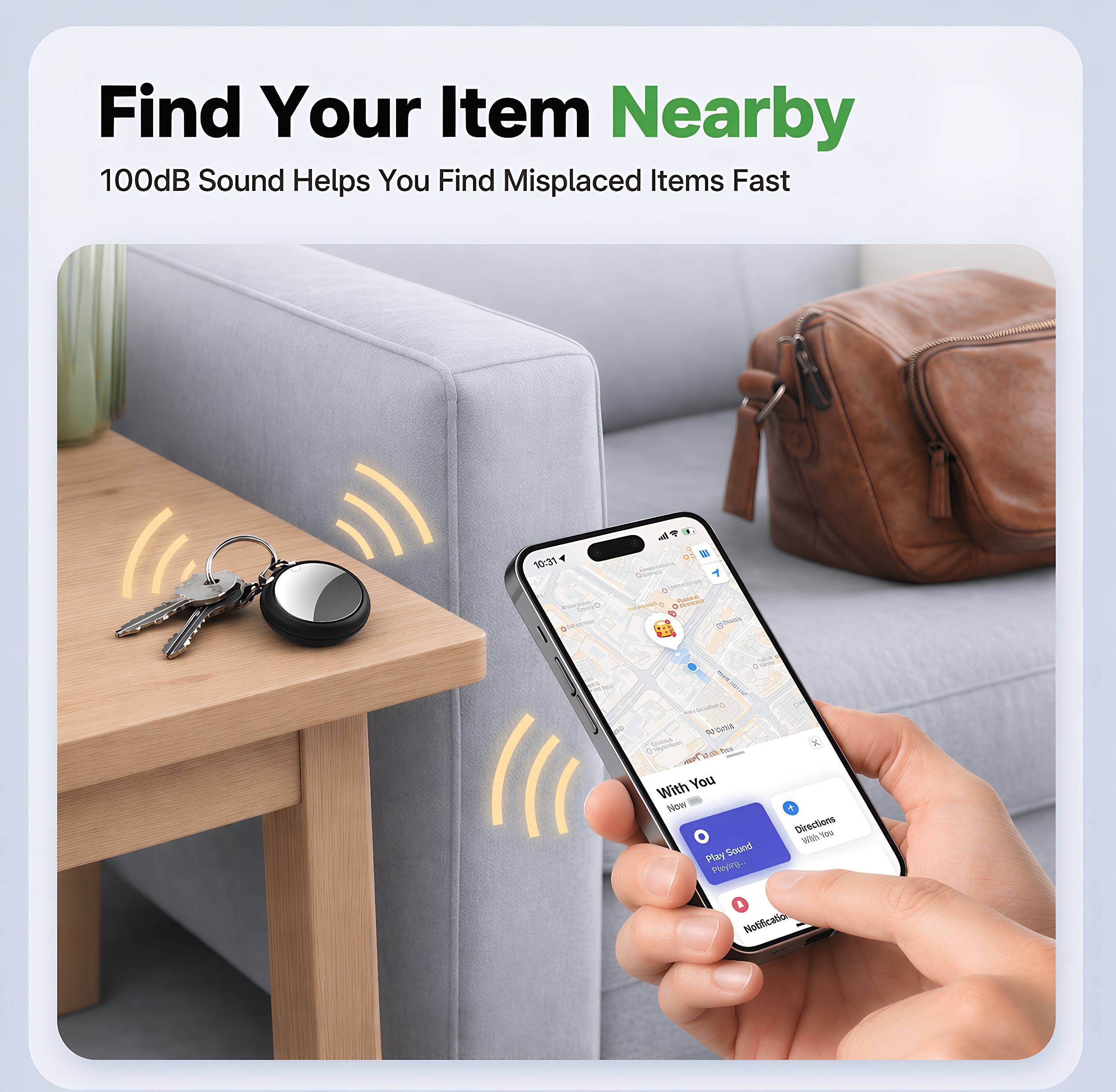 Keep track of what matters most with less stress. This 4-pack Bluetooth tracker set works with Apple Find My, making it easy to locate keys, wallets, luggage, backpacks, and other everyday essentials using your iPhone. Whether you are at home, at work, or on the go, you can ring nearby items, get left-behind alerts, and use Lost Mode when something goes missing farther away. Designed for everyday carry, these trackers feature an IP67 waterproof build and replaceable CR2032 batteries (up to 18 months of battery life) for dependable long-term use. With 2 extra batteries, 2 key ring holders, and 4 wrist straps included, this set offers a more convenient tracking solution for home, work, travel, and daily routines. With four trackers in one pack, it is easy to cover more of the items you use every day, making it a smart choice for commuting, family use, travel, and everyday organization.