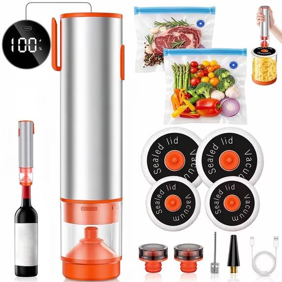 The GOLDLEMON Handheld Vacuum Sealer is a matte silver kitchen appliance designed for food preservation. This 11-piece set includes a vacuum sealer machine, bags, and accessories for sealing jars and wine. It features a visible water tank to collect liquids during the sealing process. The device also has a hidden inflation function for sports balls or pool floats. This handheld vacuum sealer helps keep food fresh longer and reduces waste. It is powered by a rechargeable 18650 1800mAh lithium ion battery.
