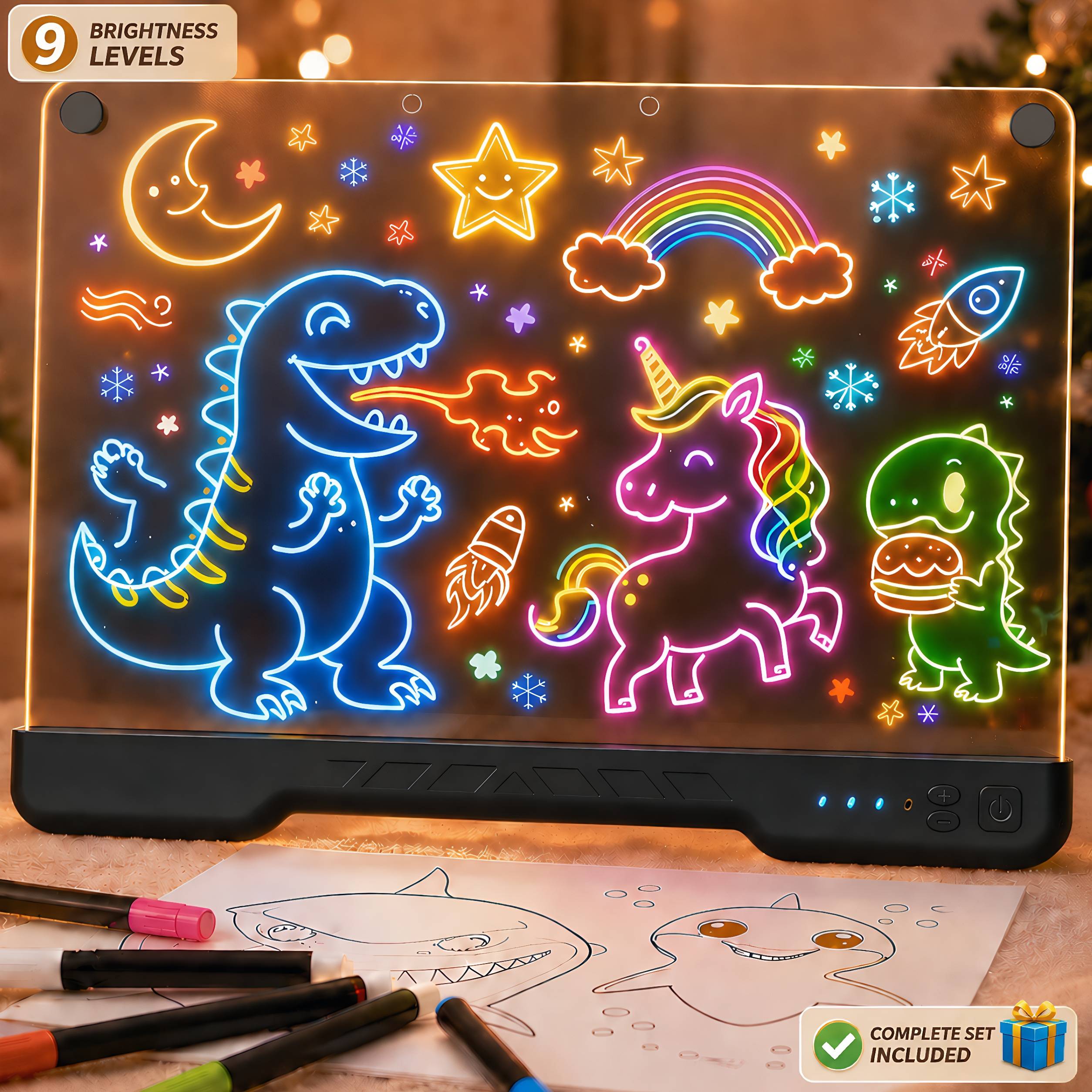 Turn everyday notes and drawings into glowing creativity with the STARBIAO LED Drawing Board. Designed for both fun and practical use, this upgraded light-up acrylic board features 10 color modes and 9 adjustable brightness levels, giving you more control than standard glow boards. Easily switch from a soft, calming glow for bedtime or room decor to brighter, eye-catching lighting for drawings, reminders, and messages. The large 16" writing surface provides plenty of space for kids’ drawings, daily schedules, to-do lists, and family messages. The smooth acrylic surface writes easily and wipes clean with no messy residue, making it perfect for repeated use at home, school, or the office. With a built-in rechargeable battery, this board offers 6–8 hours of cordless use, allowing you to place it anywhere without being limited by cables. The stable stand design keeps it securely positioned on desks, counters, or tables, while the lightweight build makes it easy to move between rooms. Unlike basic drawing boards, this all-in-one set includes everything you need to start right away—no extra purchases required. Whether used as a fun kids’ toy, a daily reminder board, or a decorative light display, it’s a simple way to bring creativity and organization into any space.