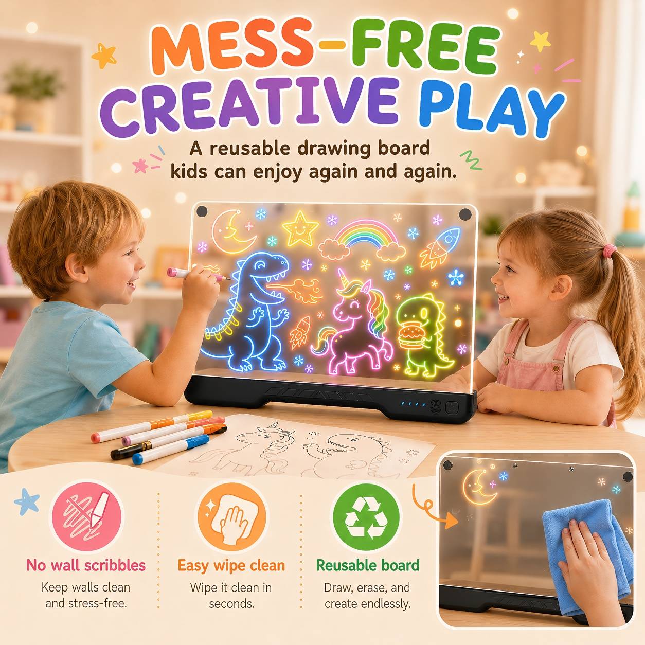 Turn everyday notes and drawings into glowing creativity with the STARBIAO LED Drawing Board. Designed for both fun and practical use, this upgraded light-up acrylic board features 10 color modes and 9 adjustable brightness levels, giving you more control than standard glow boards. Easily switch from a soft, calming glow for bedtime or room decor to brighter, eye-catching lighting for drawings, reminders, and messages. The large 16" writing surface provides plenty of space for kids’ drawings, daily schedules, to-do lists, and family messages. The smooth acrylic surface writes easily and wipes clean with no messy residue, making it perfect for repeated use at home, school, or the office. With a built-in rechargeable battery, this board offers 6–8 hours of cordless use, allowing you to place it anywhere without being limited by cables. The stable stand design keeps it securely positioned on desks, counters, or tables, while the lightweight build makes it easy to move between rooms. Unlike basic drawing boards, this all-in-one set includes everything you need to start right away—no extra purchases required. Whether used as a fun kids’ toy, a daily reminder board, or a decorative light display, it’s a simple way to bring creativity and organization into any space.
