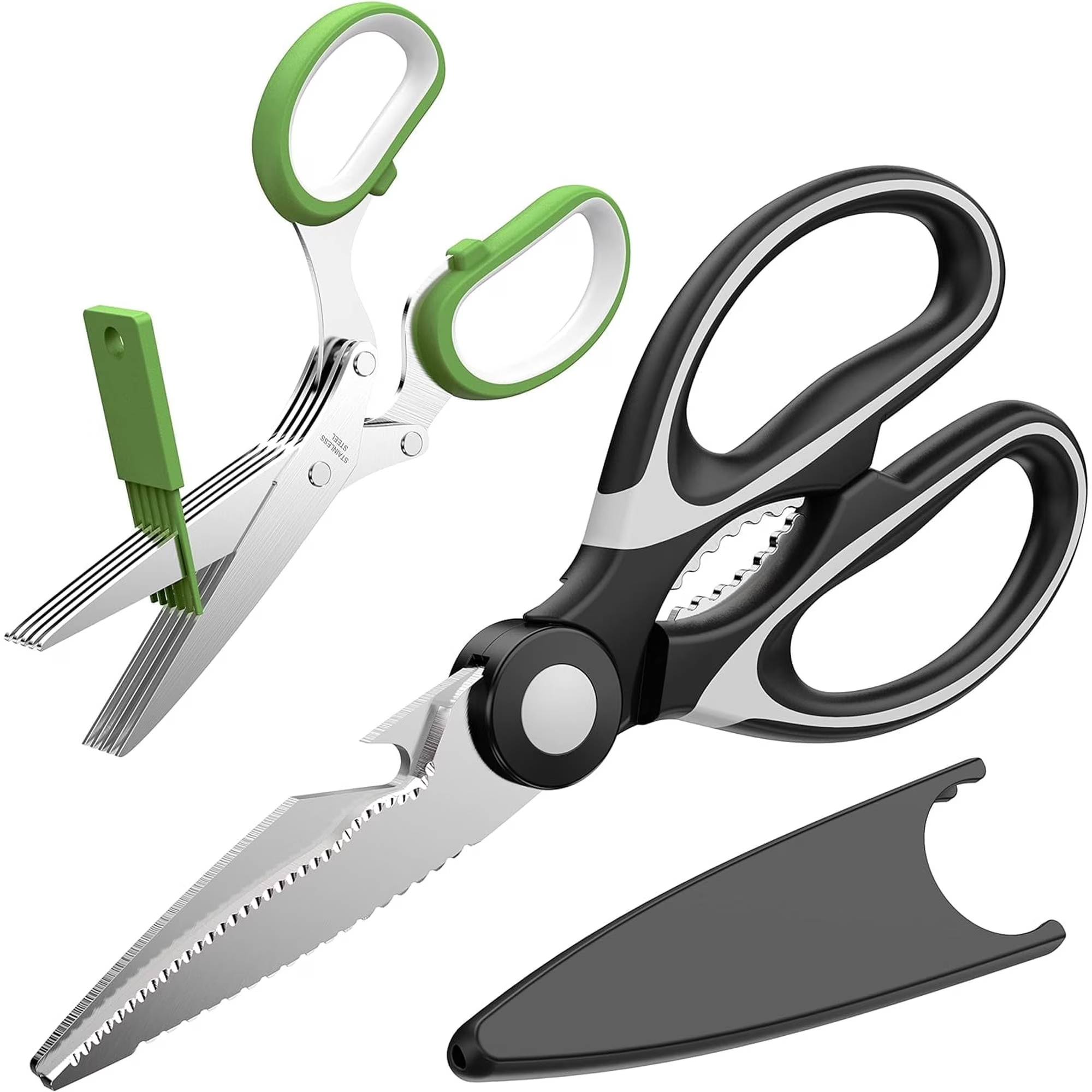 Product details

【Prefect All Purpose Kitchen Scissors Set】Has 2 different kitchen tools, including 8" super sharp kitchen shears & 5 blades herb scissors. All-purpose scissors for kitchen,household,home,car,outdoor general use. Great kitchen utility scissors set for women,men,adults,older. Make the kitchen job easier. 【Stainless Steel Sharp Blades & Soft Comfortable Handles】Made of premium stainless steel, these food scissors are super sharp, allowing you to cut through your food,meat,vegetables,chicken,poultry,fish,herbs,seafood,BBQ,food packing bags. A pair of multi-purpose scissors will be absolutely for everyday use, bring kitchen work more convenience. The ergonomically designed handle is shaped for comfort and features a soft grip coating for stability. 【Multifunctional Kitchen Shears】In addition to cut meat and vegetables in the kitchen it has more uses, which can be used as nuts cracker, bottle opener. Besides, the blade has a micro-serrated edge, and the scissor can scrape away fish scales. Not only performs well for kitchen tasks, but also daily use: cutting card boards, papers, hard plastic of product boxes, trimming rose stems. You want to use it everywhere and you can. 【Wonderful Herb Scissors】5-blade herb scissors can quickly cut vegetable stems into pieces. With it you can quickly and directly cut herbs on pizza, salad, casserole and soup. Such as onion, coriander, parsley, rosemary, leek, celery and other similar herbs. It's convenient to use in the kitchen, on the table and even cookout. No more cleaning knife and cutting boards. Not need to worry about cutting your finger like using a knife. And it's easy to clean up. 【Worth to Get Them】Warm tips: Pls cleaning after use, wipe off the water and keep dry to prevent rust. Hand washing is recommended in order to keep the blade edges sharp. Shears are suitable for right- or left-handed use. We guarantee that the high quality kitchen scissors will surely please you! Also a perfect gift on Christmas, Wedding Day, Mother's Day, Housewarming or more, especially for cooks and herb lovers.
【Prefect All Purpose Kitchen Scissors Set】Has 2 different kitchen tools, including 8" super sharp kitchen shears & 5 blades herb scissors. All-purpose scissors for kitchen,household,home,car,outdoor general use. Great kitchen utility scissors set for women,men,adults,older. Make the kitchen job easier.
【Prefect All Purpose Kitchen Scissors Set】Has 2 different kitchen tools, including 8" super sharp kitchen shears & 5 blades herb scissors. All-purpose scissors for kitchen,household,home,car,outdoor general use. Great kitchen utility scissors set for women,men,adults,older. Make the kitchen job easier.
【Stainless Steel Sharp Blades & Soft Comfortable Handles】Made of premium stainless steel, these food scissors are super sharp, allowing you to cut through your food,meat,vegetables,chicken,poultry,fish,herbs,seafood,BBQ,food packing bags. A pair of multi-purpose scissors will be absolutely for everyday use, bring kitchen work more convenience. The ergonomically designed handle is shaped for comfort and features a soft grip coating for stability.
【Stainless Steel Sharp Blades & Soft Comfortable Handles】Made of premium stainless steel, these food scissors are super sharp, allowing you to cut through your food,meat,vegetables,chicken,poultry,fish,herbs,seafood,BBQ,food packing bags. A pair of multi-purpose scissors will be absolutely for everyday use, bring kitchen work more convenience. The ergonomically designed handle is shaped for comfort and features a soft grip coating for stability.
【Multifunctional Kitchen Shears】In addition to cut meat and vegetables in the kitchen it has more uses, which can be used as nuts cracker, bottle opener. Besides, the blade has a micro-serrated edge, and the scissor can scrape away fish scales. Not only performs well for kitchen tasks, but also daily use: cutting card boards, papers, hard plastic of product boxes, trimming rose stems. You want to use it everywhere and you can.
【Multifunctional Kitchen Shears】In addition to cut meat and vegetables in the kitchen it has more uses, which can be used as nuts cracker, bottle opener. Besides, the blade has a micro-serrated edge, and the scissor can scrape away fish scales. Not only performs well for kitchen tasks, but also daily use: cutting card boards, papers, hard plastic of product boxes, trimming rose stems. You want to use it everywhere and you can.
【Wonderful Herb Scissors】5-blade herb scissors can quickly cut vegetable stems into pieces. With it you can quickly and directly cut herbs on pizza, salad, casserole and soup. Such as onion, coriander, parsley, rosemary, leek, celery and other similar herbs. It's convenient to use in the kitchen, on the table and even cookout. No more cleaning knife and cutting boards. Not need to worry about cutting your finger like using a knife. And it's easy to clean up.
【Wonderful Herb Scissors】5-blade herb scissors can quickly cut vegetable stems into pieces. With it you can quickly and directly cut herbs on pizza, salad, casserole and soup. Such as onion, coriander, parsley, rosemary, leek, celery and other similar herbs. It's convenient to use in the kitchen, on the table and even cookout. No more cleaning knife and cutting boards. Not need to worry about cutting your finger like using a knife. And it's easy to clean up.
【Worth to Get Them】Warm tips: Pls cleaning after use, wipe off the water and keep dry to prevent rust. Hand washing is recommended in order to keep the blade edges sharp. Shears are suitable for right- or left-handed use. We guarantee that the high quality kitchen scissors will surely please you! Also a perfect gift on Christmas, Wedding Day, Mother's Day, Housewarming or more, especially for cooks and herb lovers.
【Worth to Get Them】Warm tips: Pls cleaning after use, wipe off the water and keep dry to prevent rust. Hand washing is recommended in order to keep the blade edges sharp. Shears are suitable for right- or left-handed use. We guarantee that the high quality kitchen scissors will surely please you! Also a perfect gift on Christmas, Wedding Day, Mother's Day, Housewarming or more, especially for cooks and herb lovers.