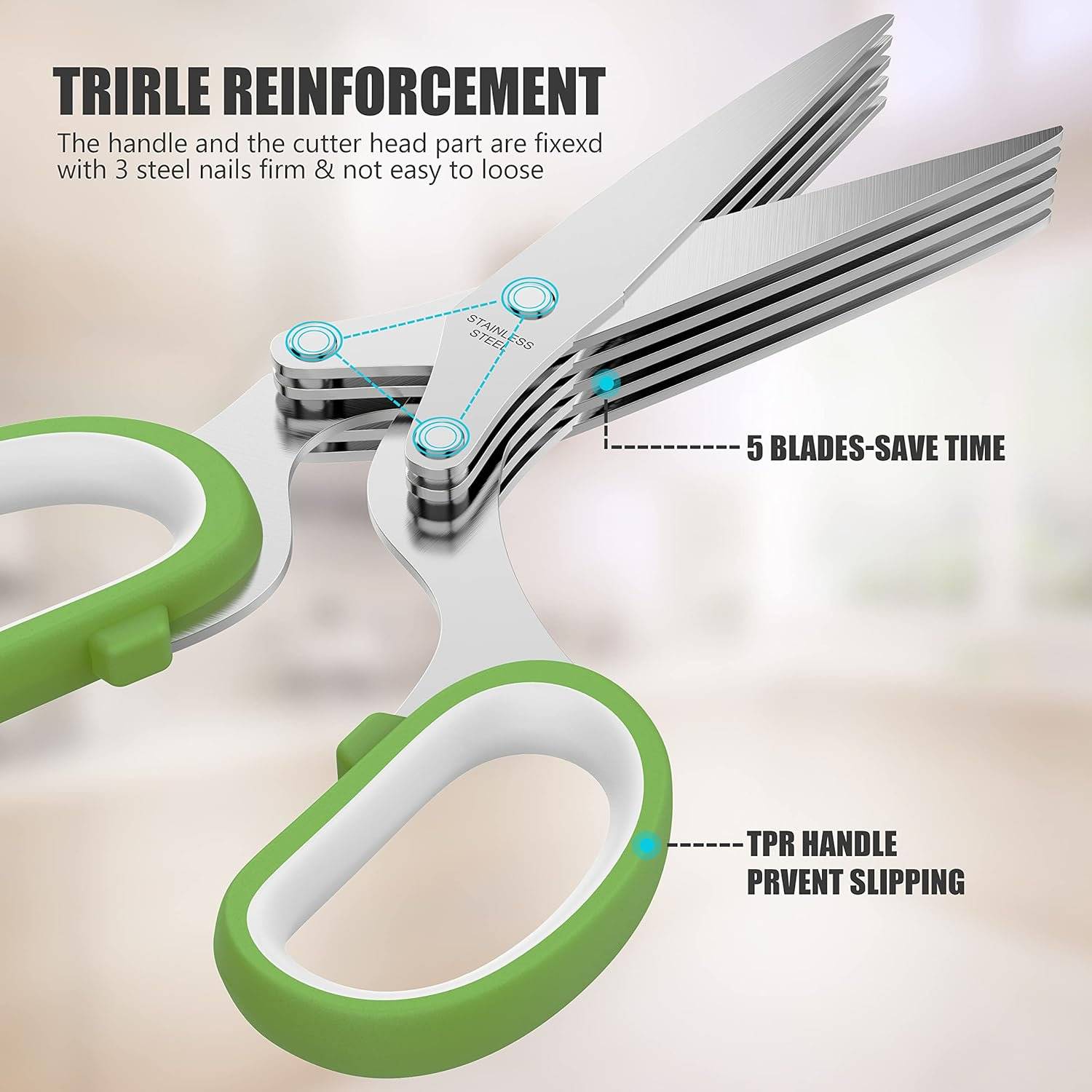 Product details

【Prefect All Purpose Kitchen Scissors Set】Has 2 different kitchen tools, including 8" super sharp kitchen shears & 5 blades herb scissors. All-purpose scissors for kitchen,household,home,car,outdoor general use. Great kitchen utility scissors set for women,men,adults,older. Make the kitchen job easier. 【Stainless Steel Sharp Blades & Soft Comfortable Handles】Made of premium stainless steel, these food scissors are super sharp, allowing you to cut through your food,meat,vegetables,chicken,poultry,fish,herbs,seafood,BBQ,food packing bags. A pair of multi-purpose scissors will be absolutely for everyday use, bring kitchen work more convenience. The ergonomically designed handle is shaped for comfort and features a soft grip coating for stability. 【Multifunctional Kitchen Shears】In addition to cut meat and vegetables in the kitchen it has more uses, which can be used as nuts cracker, bottle opener. Besides, the blade has a micro-serrated edge, and the scissor can scrape away fish scales. Not only performs well for kitchen tasks, but also daily use: cutting card boards, papers, hard plastic of product boxes, trimming rose stems. You want to use it everywhere and you can. 【Wonderful Herb Scissors】5-blade herb scissors can quickly cut vegetable stems into pieces. With it you can quickly and directly cut herbs on pizza, salad, casserole and soup. Such as onion, coriander, parsley, rosemary, leek, celery and other similar herbs. It's convenient to use in the kitchen, on the table and even cookout. No more cleaning knife and cutting boards. Not need to worry about cutting your finger like using a knife. And it's easy to clean up. 【Worth to Get Them】Warm tips: Pls cleaning after use, wipe off the water and keep dry to prevent rust. Hand washing is recommended in order to keep the blade edges sharp. Shears are suitable for right- or left-handed use. We guarantee that the high quality kitchen scissors will surely please you! Also a perfect gift on Christmas, Wedding Day, Mother's Day, Housewarming or more, especially for cooks and herb lovers.
【Prefect All Purpose Kitchen Scissors Set】Has 2 different kitchen tools, including 8" super sharp kitchen shears & 5 blades herb scissors. All-purpose scissors for kitchen,household,home,car,outdoor general use. Great kitchen utility scissors set for women,men,adults,older. Make the kitchen job easier.
【Prefect All Purpose Kitchen Scissors Set】Has 2 different kitchen tools, including 8" super sharp kitchen shears & 5 blades herb scissors. All-purpose scissors for kitchen,household,home,car,outdoor general use. Great kitchen utility scissors set for women,men,adults,older. Make the kitchen job easier.
【Stainless Steel Sharp Blades & Soft Comfortable Handles】Made of premium stainless steel, these food scissors are super sharp, allowing you to cut through your food,meat,vegetables,chicken,poultry,fish,herbs,seafood,BBQ,food packing bags. A pair of multi-purpose scissors will be absolutely for everyday use, bring kitchen work more convenience. The ergonomically designed handle is shaped for comfort and features a soft grip coating for stability.
【Stainless Steel Sharp Blades & Soft Comfortable Handles】Made of premium stainless steel, these food scissors are super sharp, allowing you to cut through your food,meat,vegetables,chicken,poultry,fish,herbs,seafood,BBQ,food packing bags. A pair of multi-purpose scissors will be absolutely for everyday use, bring kitchen work more convenience. The ergonomically designed handle is shaped for comfort and features a soft grip coating for stability.
【Multifunctional Kitchen Shears】In addition to cut meat and vegetables in the kitchen it has more uses, which can be used as nuts cracker, bottle opener. Besides, the blade has a micro-serrated edge, and the scissor can scrape away fish scales. Not only performs well for kitchen tasks, but also daily use: cutting card boards, papers, hard plastic of product boxes, trimming rose stems. You want to use it everywhere and you can.
【Multifunctional Kitchen Shears】In addition to cut meat and vegetables in the kitchen it has more uses, which can be used as nuts cracker, bottle opener. Besides, the blade has a micro-serrated edge, and the scissor can scrape away fish scales. Not only performs well for kitchen tasks, but also daily use: cutting card boards, papers, hard plastic of product boxes, trimming rose stems. You want to use it everywhere and you can.
【Wonderful Herb Scissors】5-blade herb scissors can quickly cut vegetable stems into pieces. With it you can quickly and directly cut herbs on pizza, salad, casserole and soup. Such as onion, coriander, parsley, rosemary, leek, celery and other similar herbs. It's convenient to use in the kitchen, on the table and even cookout. No more cleaning knife and cutting boards. Not need to worry about cutting your finger like using a knife. And it's easy to clean up.
【Wonderful Herb Scissors】5-blade herb scissors can quickly cut vegetable stems into pieces. With it you can quickly and directly cut herbs on pizza, salad, casserole and soup. Such as onion, coriander, parsley, rosemary, leek, celery and other similar herbs. It's convenient to use in the kitchen, on the table and even cookout. No more cleaning knife and cutting boards. Not need to worry about cutting your finger like using a knife. And it's easy to clean up.
【Worth to Get Them】Warm tips: Pls cleaning after use, wipe off the water and keep dry to prevent rust. Hand washing is recommended in order to keep the blade edges sharp. Shears are suitable for right- or left-handed use. We guarantee that the high quality kitchen scissors will surely please you! Also a perfect gift on Christmas, Wedding Day, Mother's Day, Housewarming or more, especially for cooks and herb lovers.
【Worth to Get Them】Warm tips: Pls cleaning after use, wipe off the water and keep dry to prevent rust. Hand washing is recommended in order to keep the blade edges sharp. Shears are suitable for right- or left-handed use. We guarantee that the high quality kitchen scissors will surely please you! Also a perfect gift on Christmas, Wedding Day, Mother's Day, Housewarming or more, especially for cooks and herb lovers.