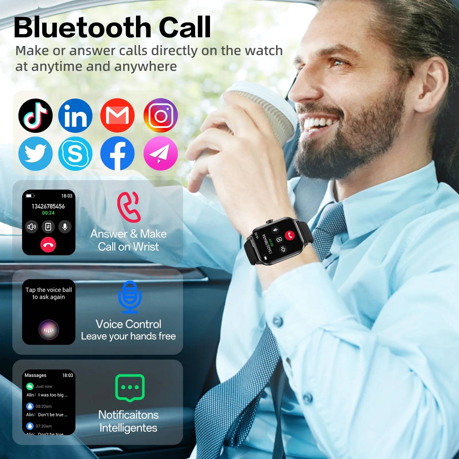 Seamless Connectivity: Features Bluetooth calling, allowing users to answer/make calls directly from the watch, and receive notifications for texts, emails, and social apps.
Extensive Tracking: Offers 120+ sports modes, built-in GPS for activity tracking (routes, speed, calories), and syncs data with Apple Health/Google Fit.
Robust Durability: Boasts an IP68 waterproof rating, suitable for swimming and showering, and military-grade durability against drops and dust.
Smart Controls: Includes a voice assistant for hands-free commands, music control, and customizable watch faces from a library of over 500 options.
Long-lasting Power: Provides up to 7 days of operating time and 15 days of standby, with a 30-minute quick charge for 24 hours of use.
Universal Compatibility: Seamlessly syncs with both Android and iPhone devices via the "FitUltra" app for call/SMS alerts and app notifications.
Sleek Design: Features an ultra-thin 9mm design, a 1.96" HD touchscreen with 250x298 pixels resolution, and a comfortable silicone strap for wrist sizes 5.3-8.9 inches.
