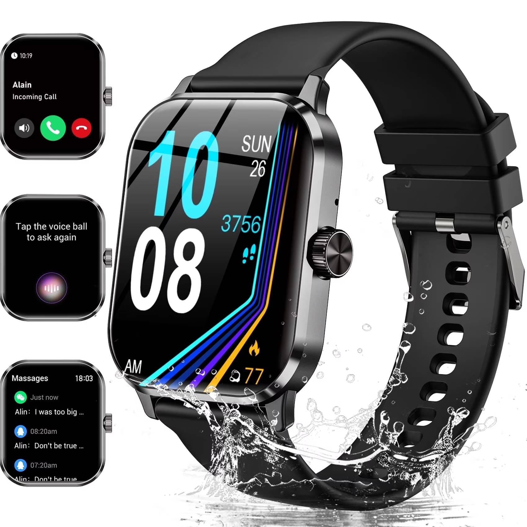 Seamless Connectivity: Features Bluetooth calling, allowing users to answer/make calls directly from the watch, and receive notifications for texts, emails, and social apps.
Extensive Tracking: Offers 120+ sports modes, built-in GPS for activity tracking (routes, speed, calories), and syncs data with Apple Health/Google Fit.
Robust Durability: Boasts an IP68 waterproof rating, suitable for swimming and showering, and military-grade durability against drops and dust.
Smart Controls: Includes a voice assistant for hands-free commands, music control, and customizable watch faces from a library of over 500 options.
Long-lasting Power: Provides up to 7 days of operating time and 15 days of standby, with a 30-minute quick charge for 24 hours of use.
Universal Compatibility: Seamlessly syncs with both Android and iPhone devices via the "FitUltra" app for call/SMS alerts and app notifications.
Sleek Design: Features an ultra-thin 9mm design, a 1.96" HD touchscreen with 250x298 pixels resolution, and a comfortable silicone strap for wrist sizes 5.3-8.9 inches.
