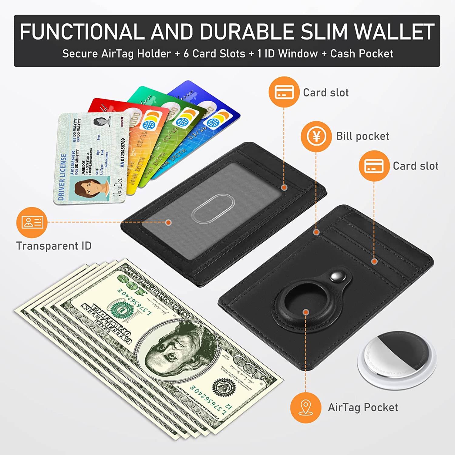 Slim Minimalist Front Pocket RFID Blocking Wallets for Men Women Blocking with Airtag Holder, ID Window,Gift for Men

RFID Blocking

Wallets protect against all RFID scanning devices to insure you private information and property safety.

Most RFID blocking sleeves are bulky & difficult to carry when traveling, but this one has been designed with the modern traveler in mind.

Extra slim, lightweight & perfectly portable, our RFID blocking minimalist wallet is preferred among men & women travelers looking to lighten their load while still protecting their identity, credit cards, passport cards, licenses, etc